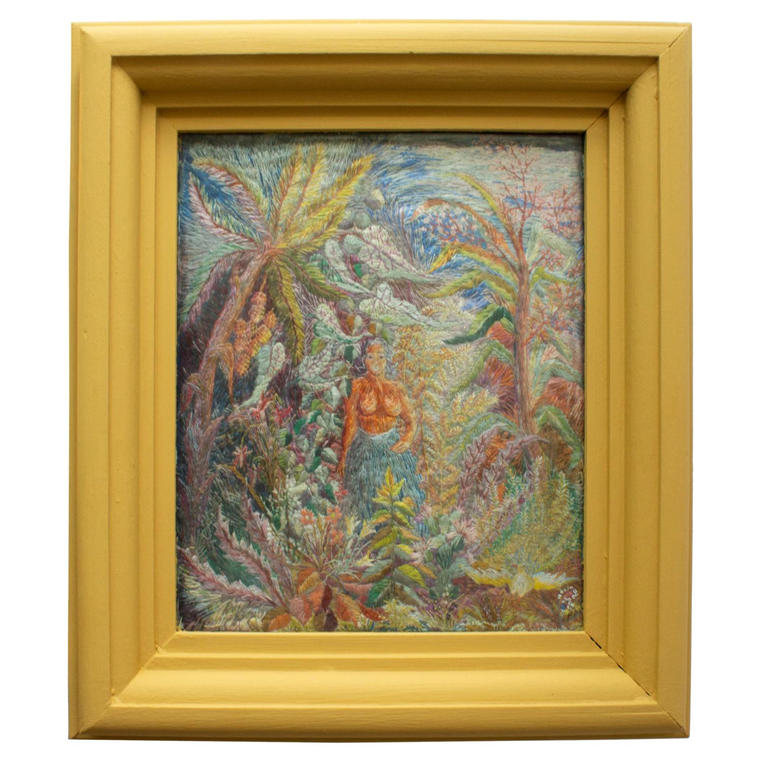 Vintage Swedish Framed Embroidery of a Native Woman in a Tropical Environment