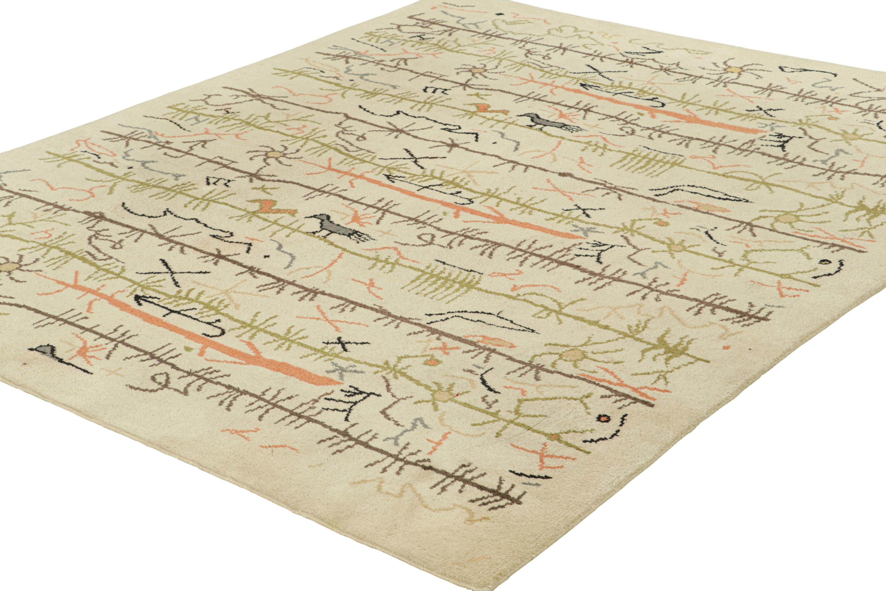 Vintage Swedish Geometric Rug in Cream-Beige with Pictorials  Rug & Kilim In Good Condition For Sale In Long Island City, NY