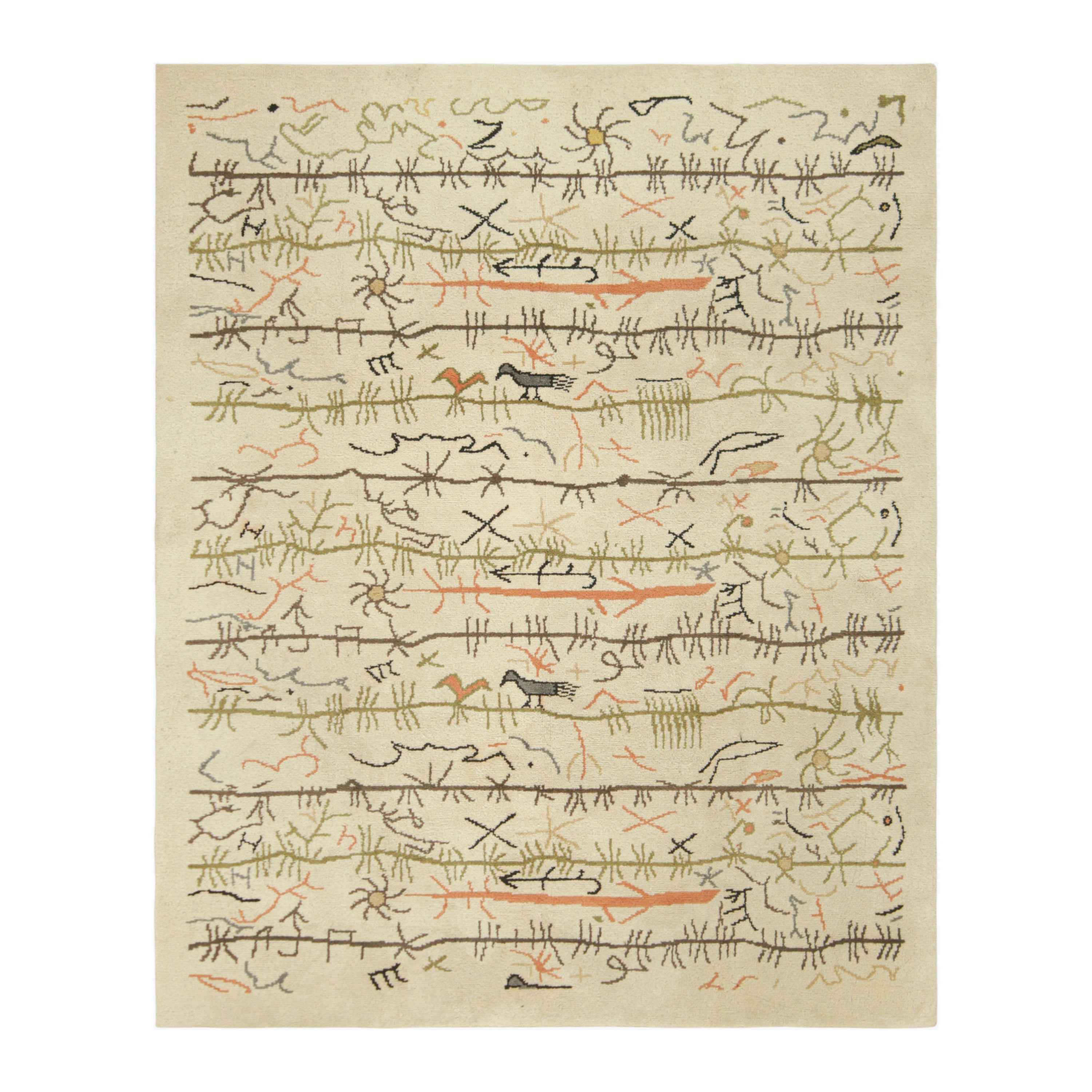 Tapis géométrique suédois vintage crème-beige avec photos  Rug & Kilim en vente