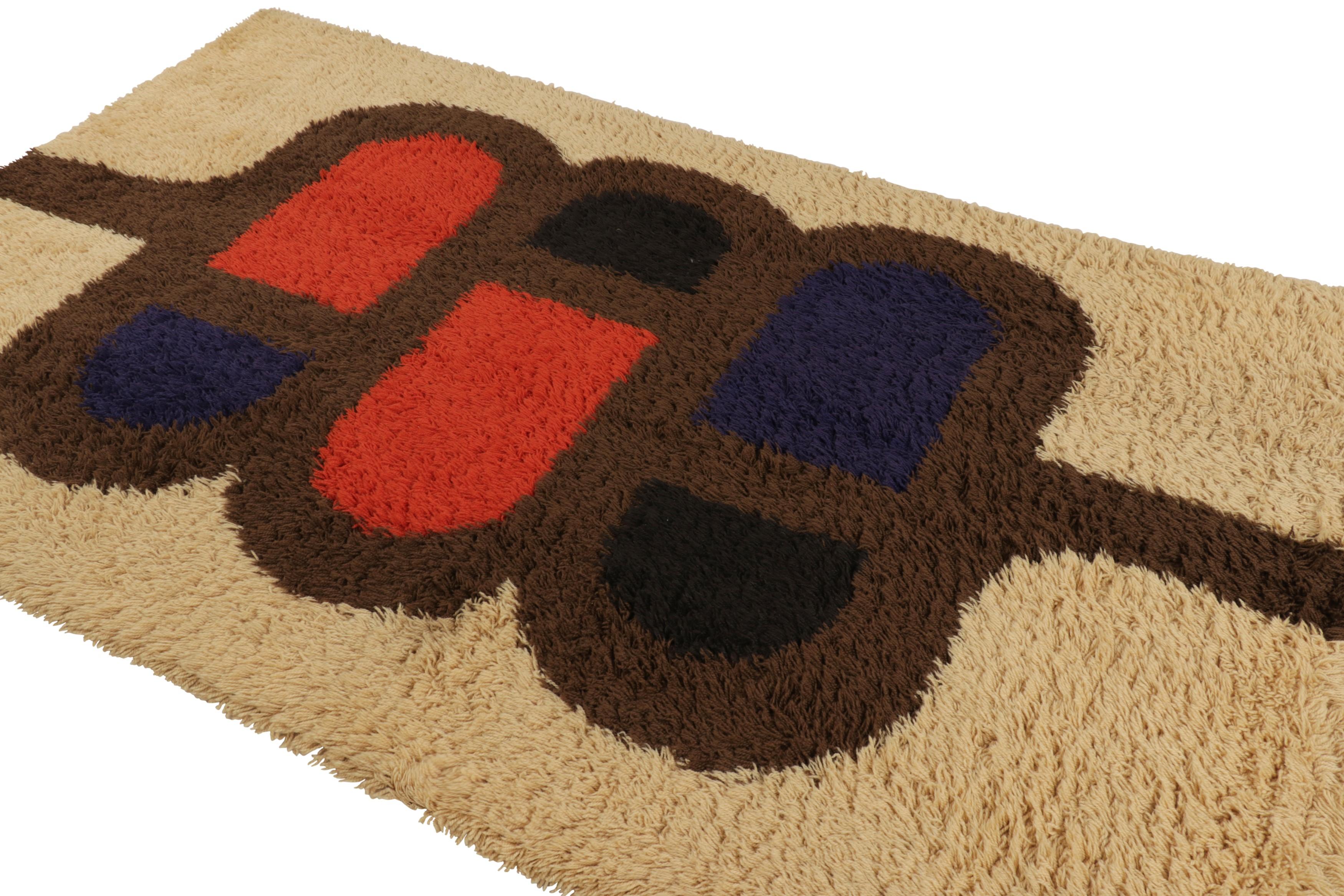 Hand-Knotted Vintage Swedish Geometric Rya Rug in Beige Brown and Blue Pattern - Rug & Kilim For Sale