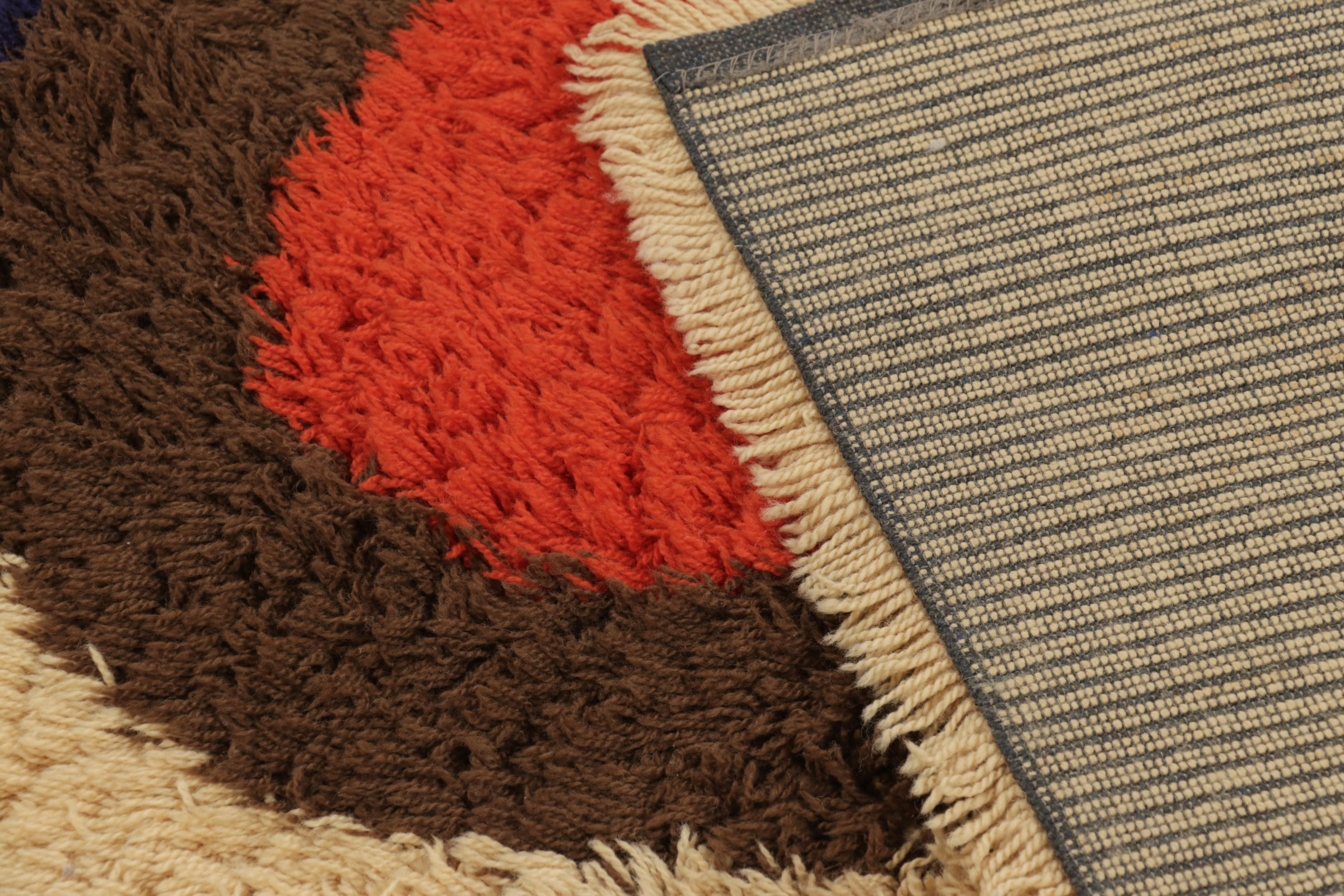Wool Vintage Swedish Geometric Rya Rug in Beige Brown and Blue Pattern - Rug & Kilim For Sale