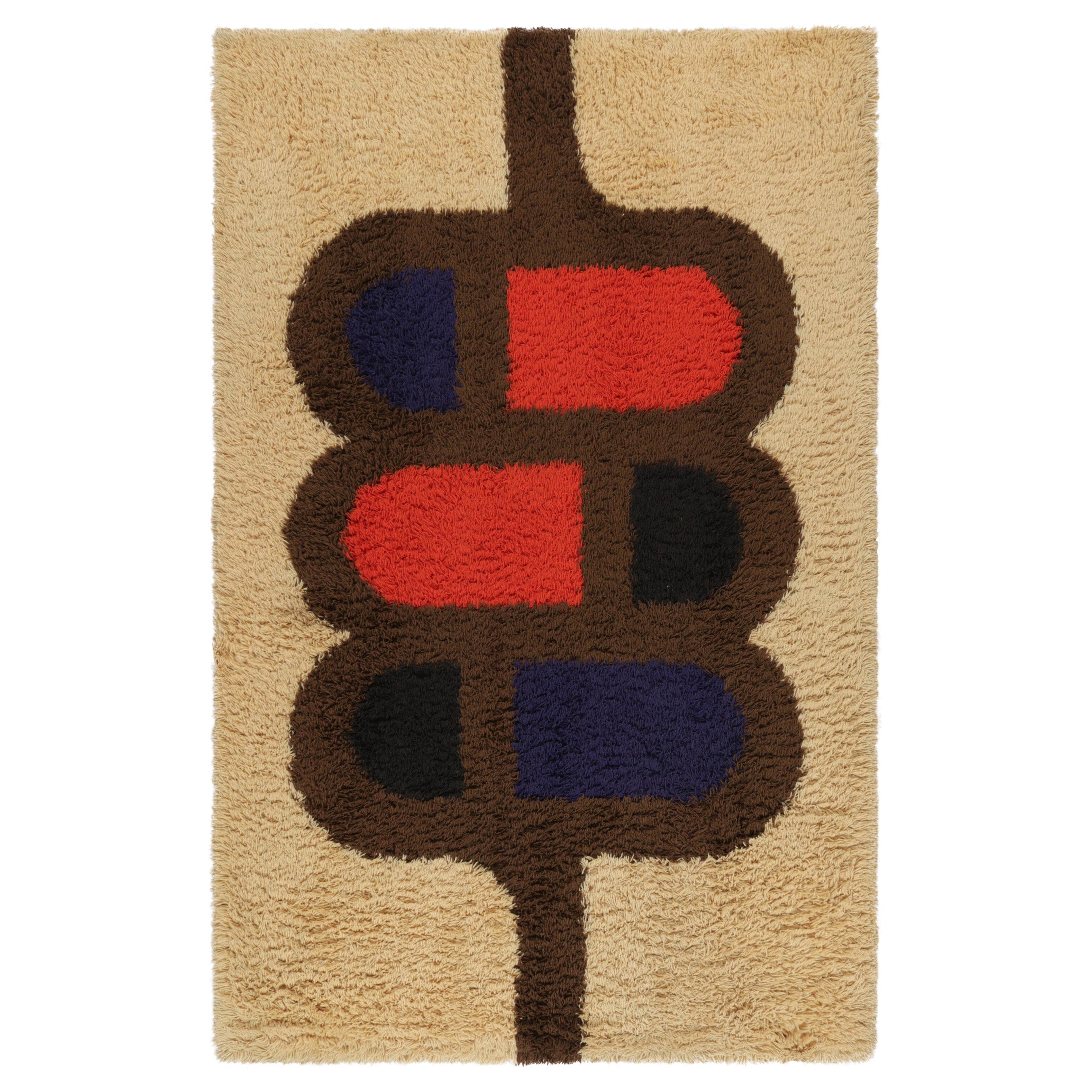 Vintage Swedish Geometric Rya Rug in Beige Brown and Blue Pattern - Rug & Kilim For Sale
