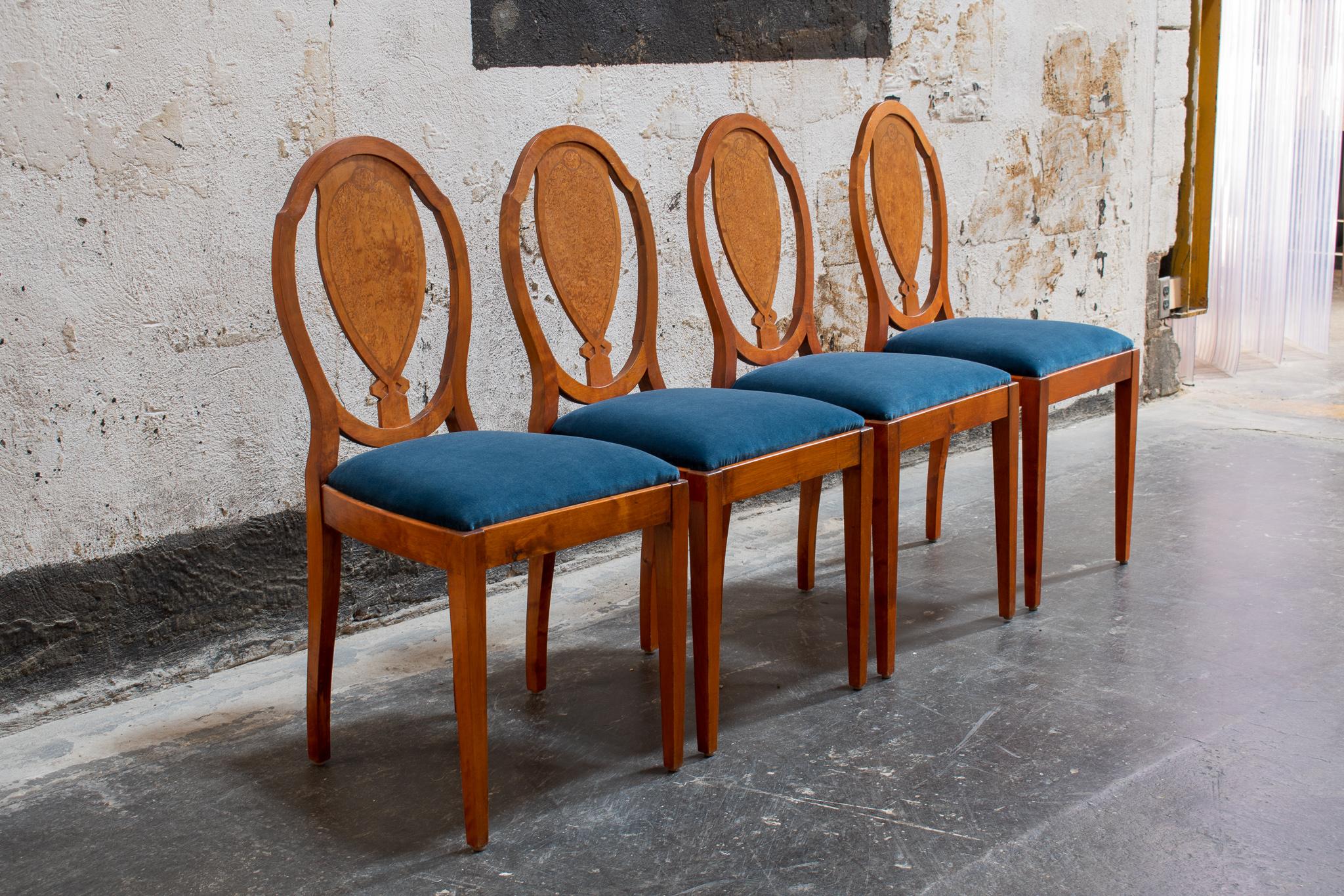 Neoclassical Revival Vintage Swedish Golden Burl Birch Dining Chairs, Set of Four For Sale