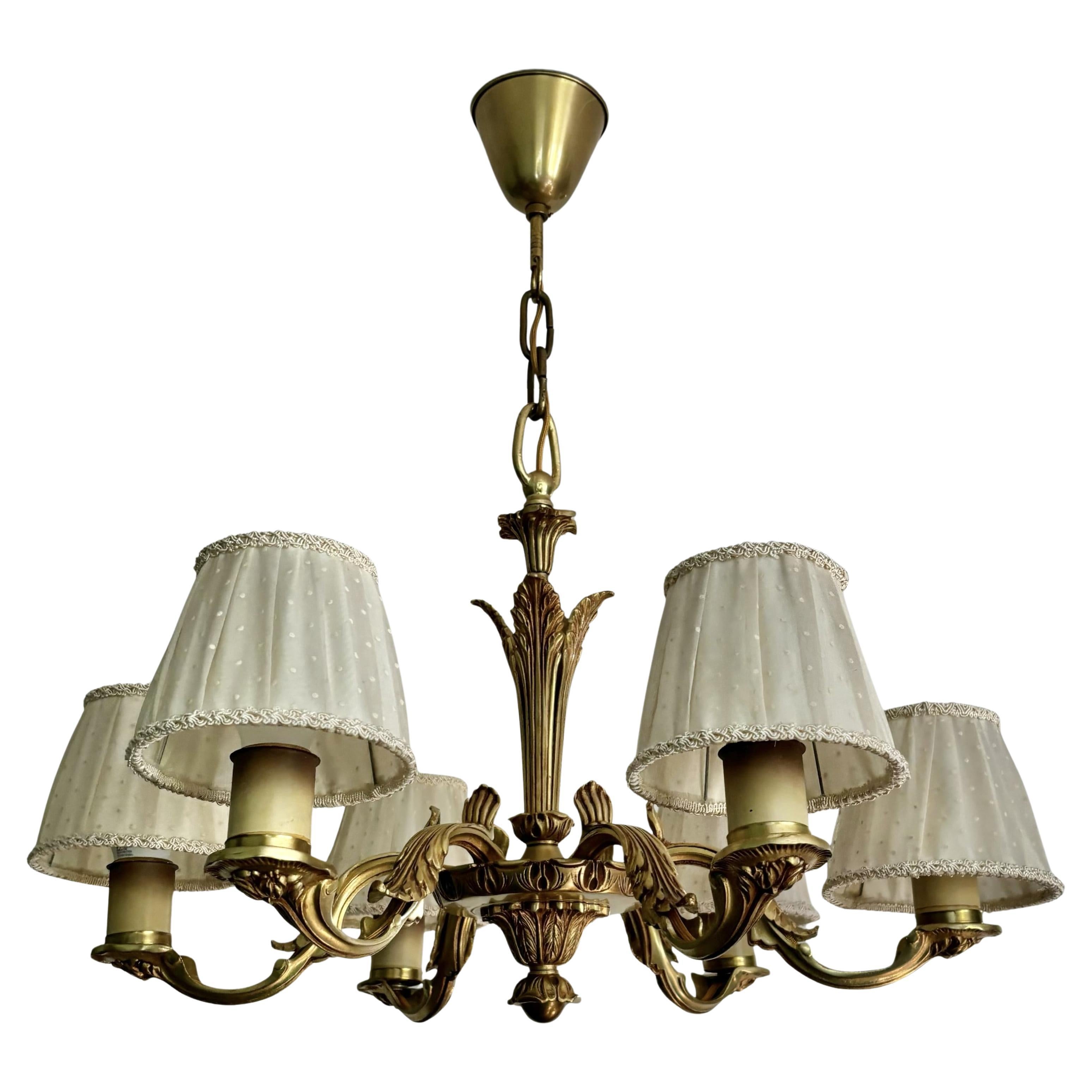 Vintage Swedish Grace solid brass six-arm chandelier, 1930s Scandinavian Design