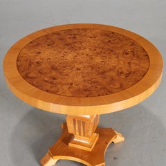 Vintage Swedish Grace Style Inlaid Blonde Wood Pedestal Table With Burl Wood