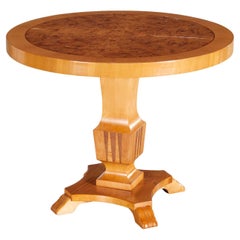 Vintage Swedish Grace Style Inlaid Blonde Wood Pedestal Table With Burl Wood