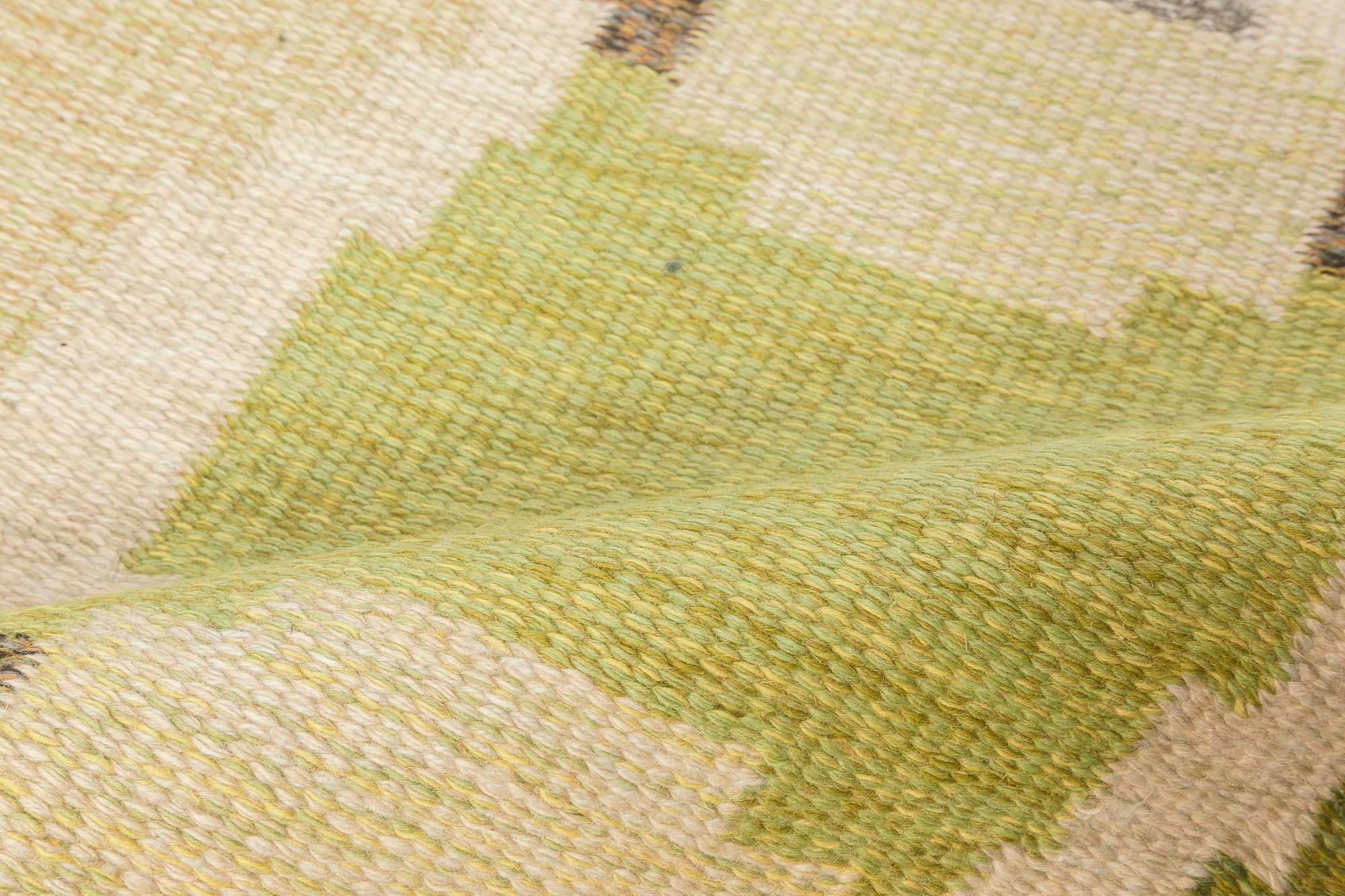 Mid-Century Modern Vintage Swedish Green Brown Beige Flat-Weave Wool Rug Signed by Ingegerd Silow For Sale