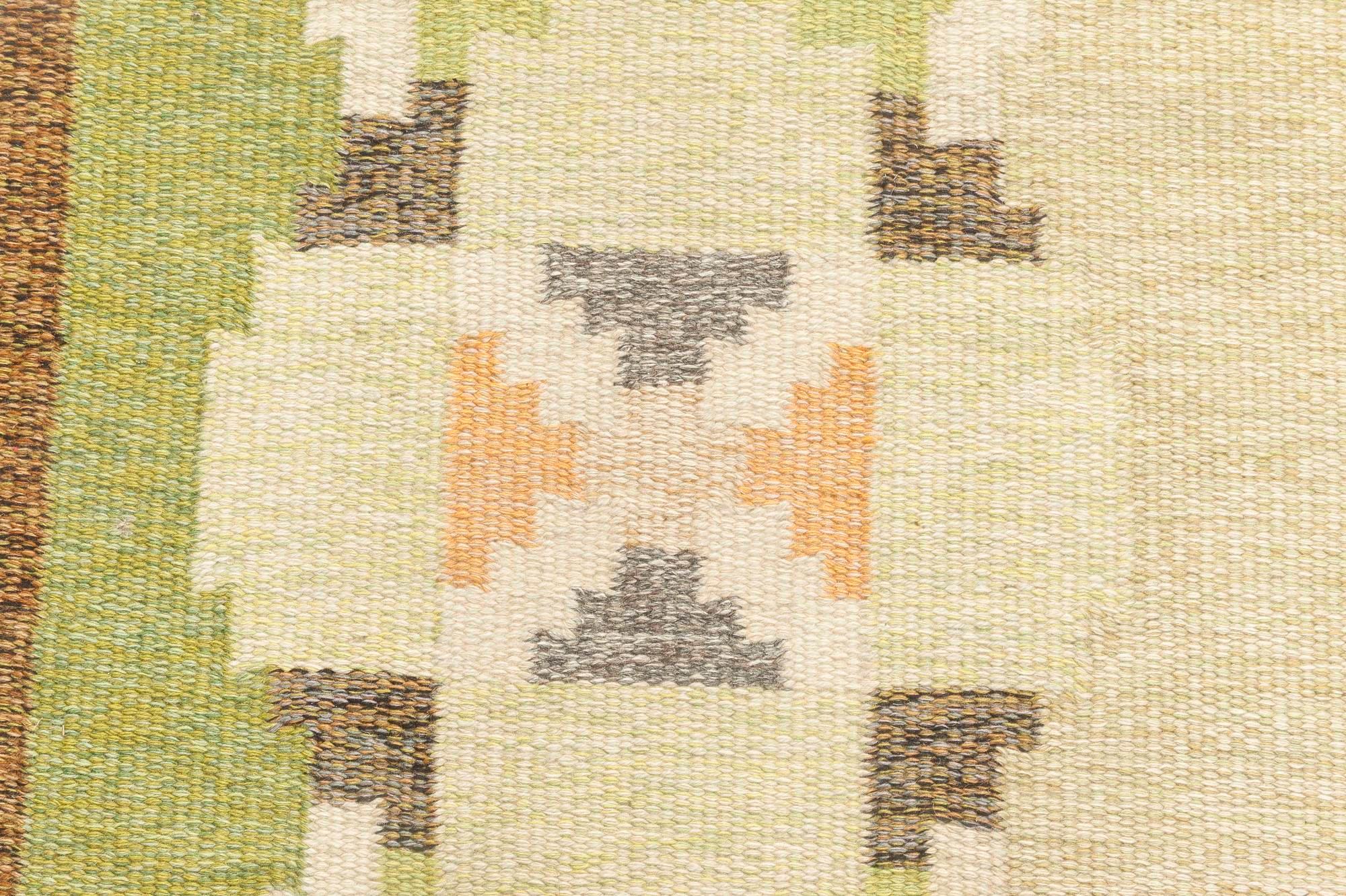 Scandinavian Vintage Swedish Green Brown Beige Flat-Weave Wool Rug Signed by Ingegerd Silow For Sale