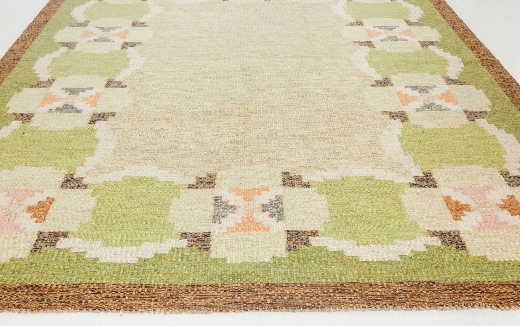 Hand-Woven Vintage Swedish Green Brown Beige Flat-Weave Wool Rug Signed by Ingegerd Silow For Sale