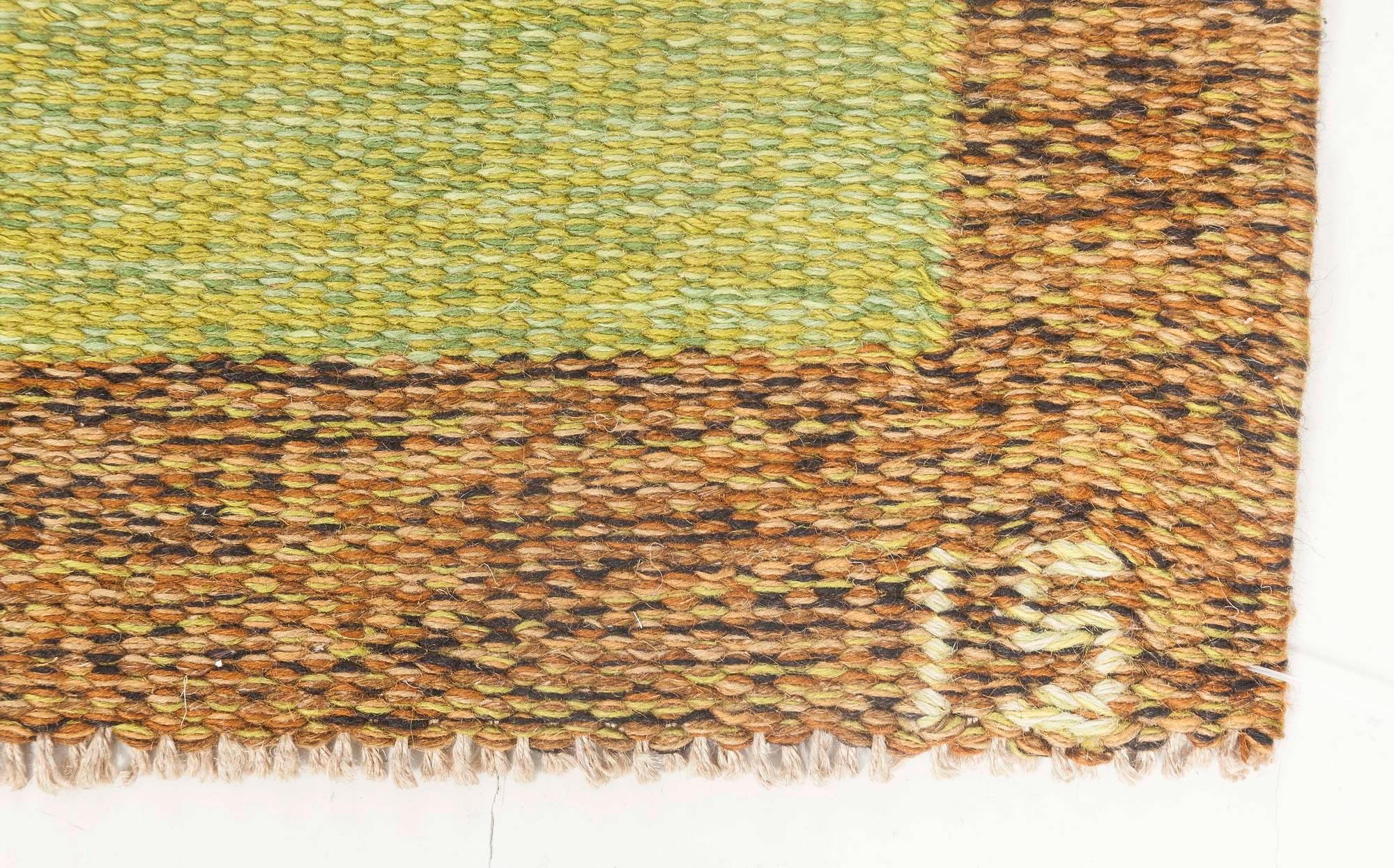 Vintage Swedish Green Brown Beige Flat-Weave Wool Rug Signed by Ingegerd Silow In Good Condition For Sale In New York, NY