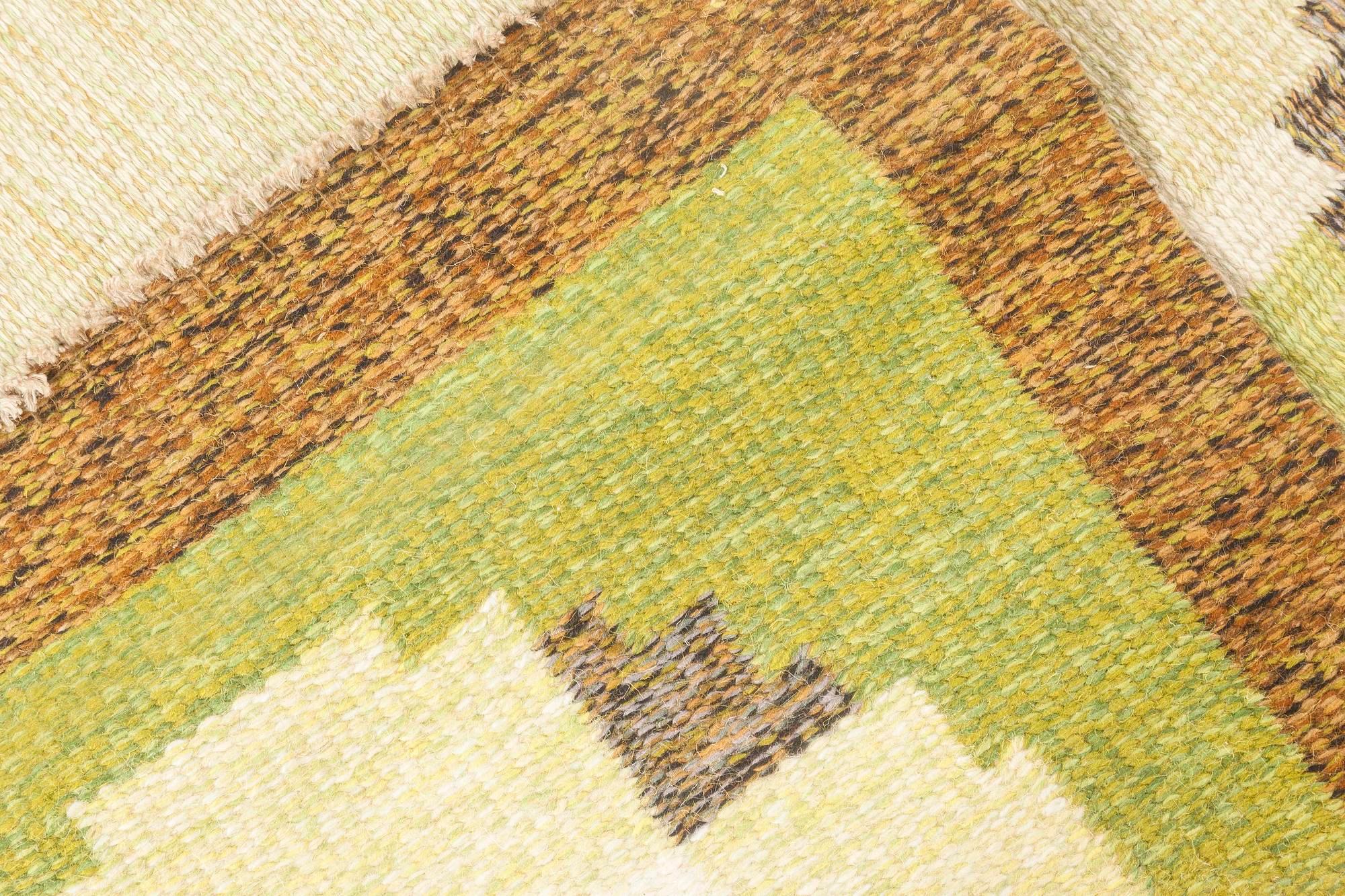 Vintage Swedish Green Brown Beige Flat-Weave Wool Rug Signed by Ingegerd Silow For Sale 2