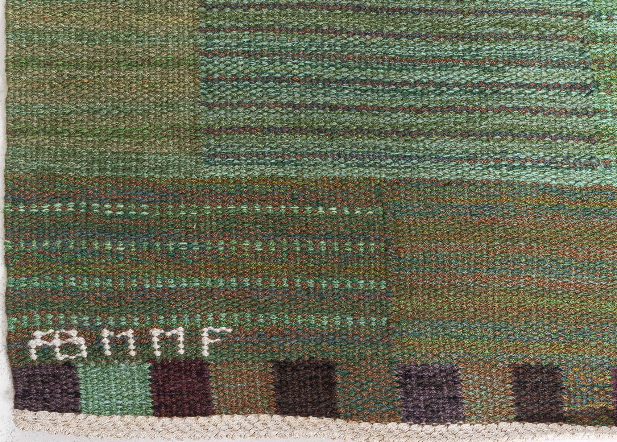Hand-Woven Vintage Swedish Green Flat Woven Rug by Marianne Richter AB MMF