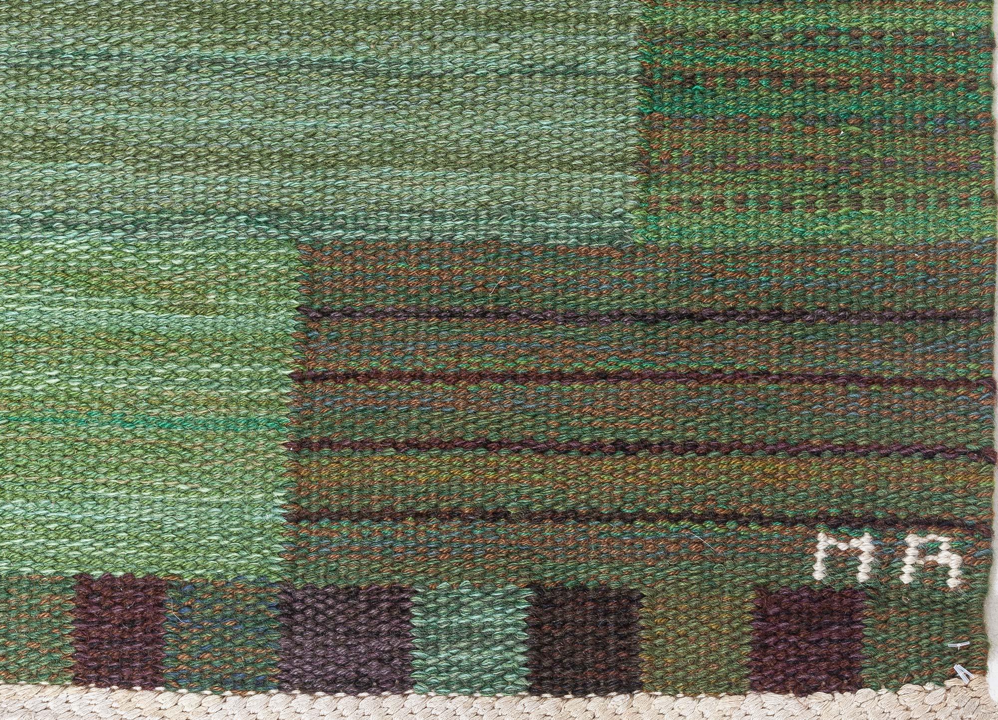 Vintage Swedish Green Flat Woven Rug by Marianne Richter AB MMF In Good Condition In New York, NY