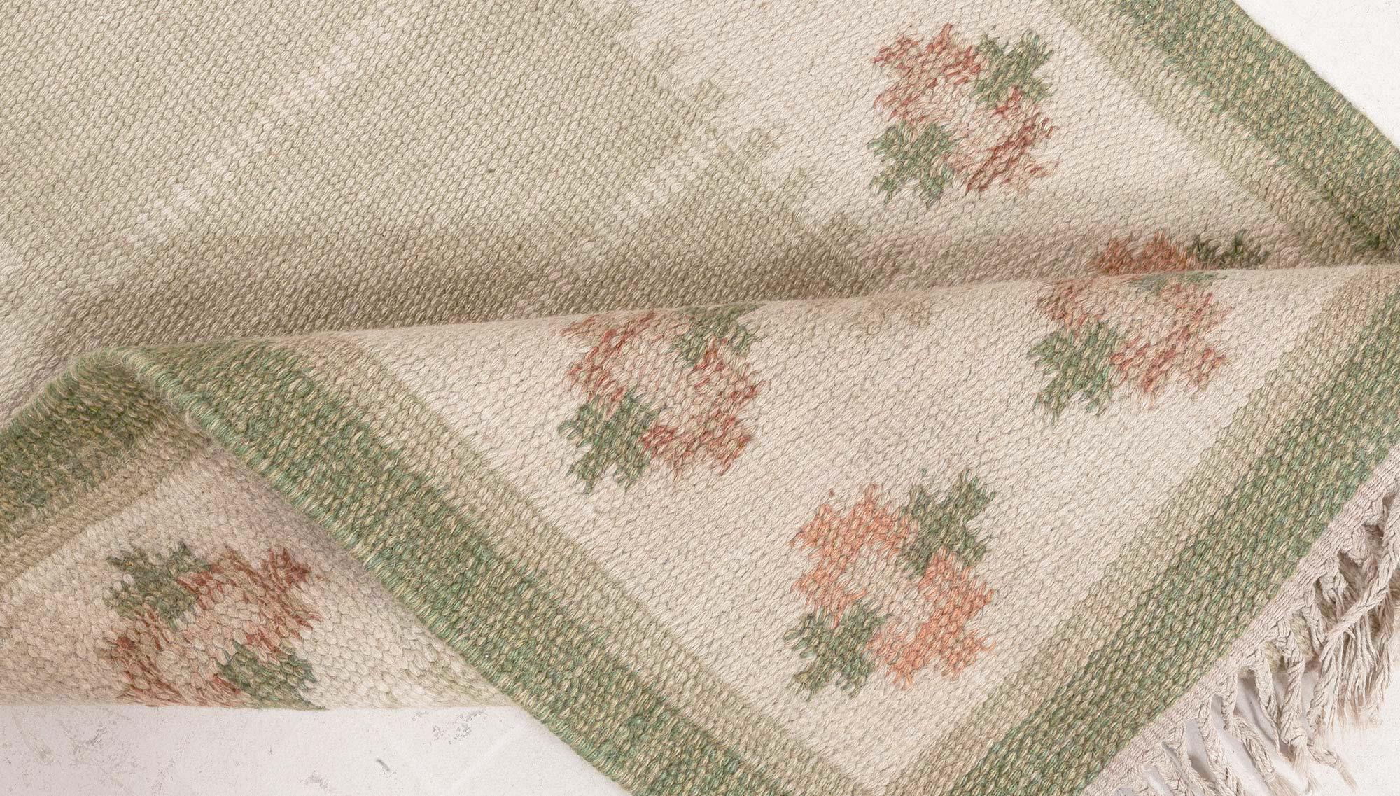 Hand-Woven Vintage Swedish Green Flat Woven Runner For Sale