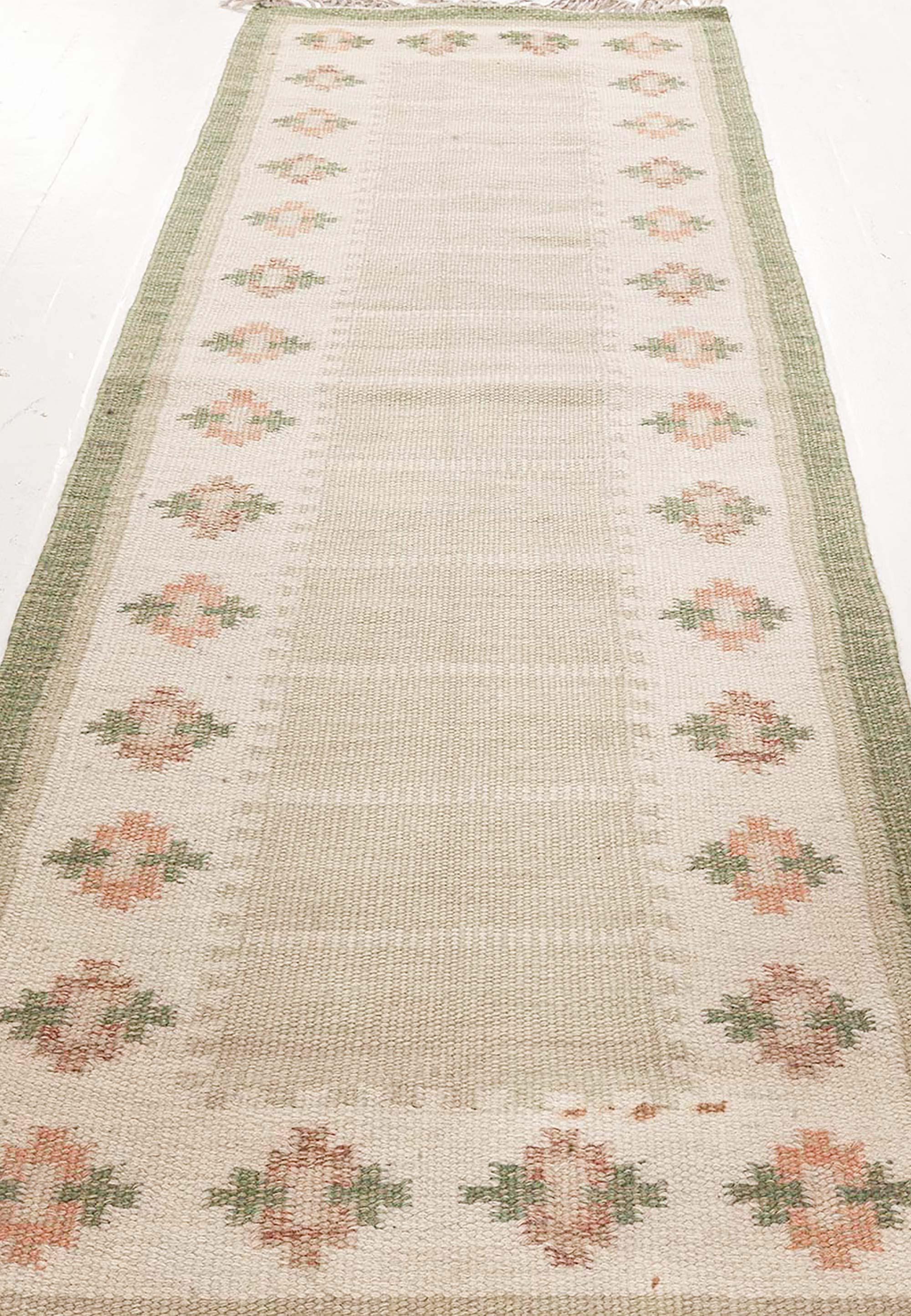 Wool Vintage Swedish Green Flat Woven Runner For Sale