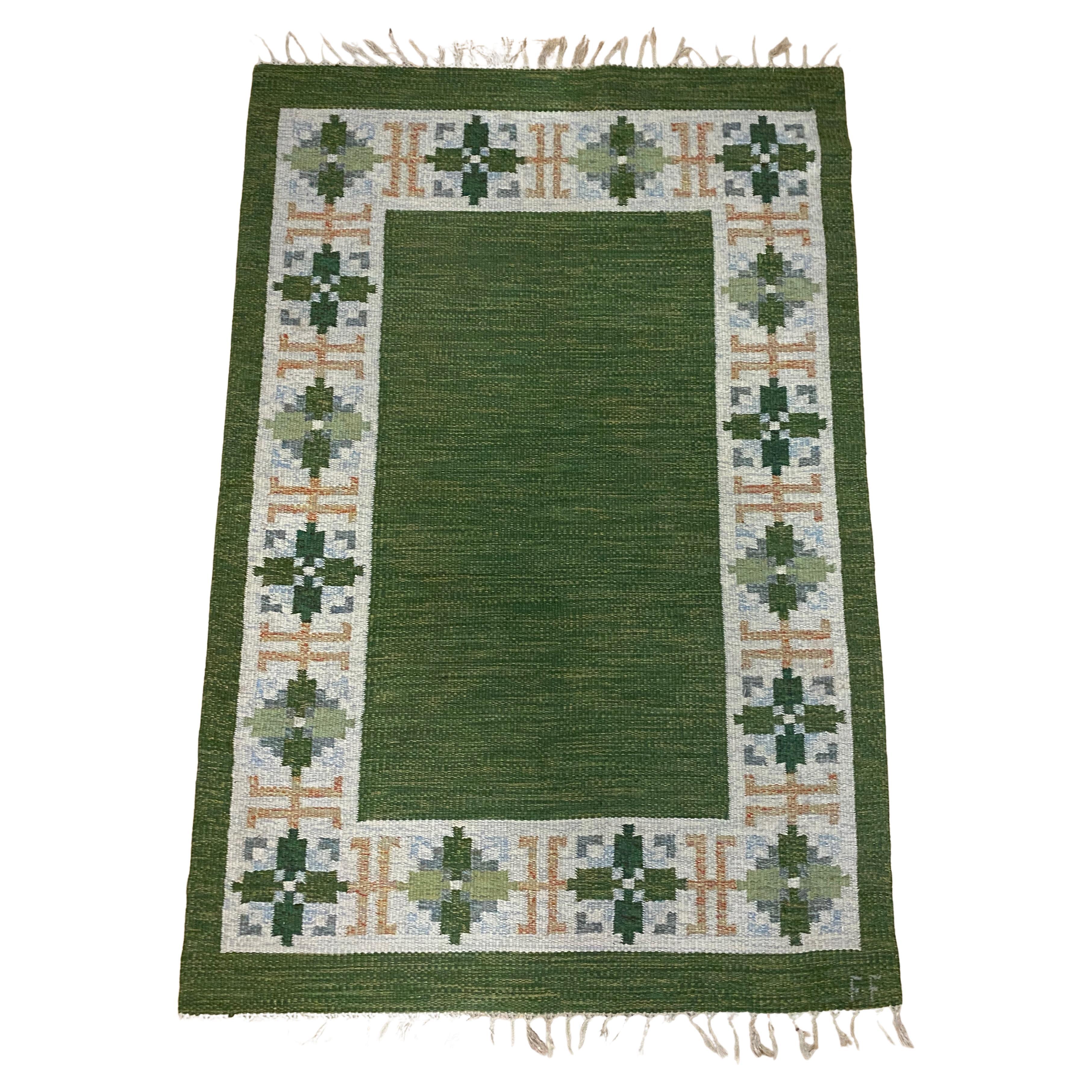 Vintage Swedish Green Kilim Rug by Fredrik Fiedler For Sale