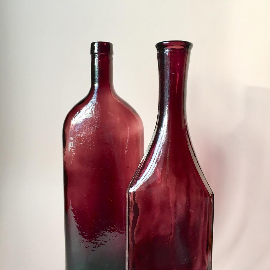 Vintage Swedish Hand Blown Burgundy Color Glass Decor Bottles, Set of 2 In Good Condition In Riga, Latvia