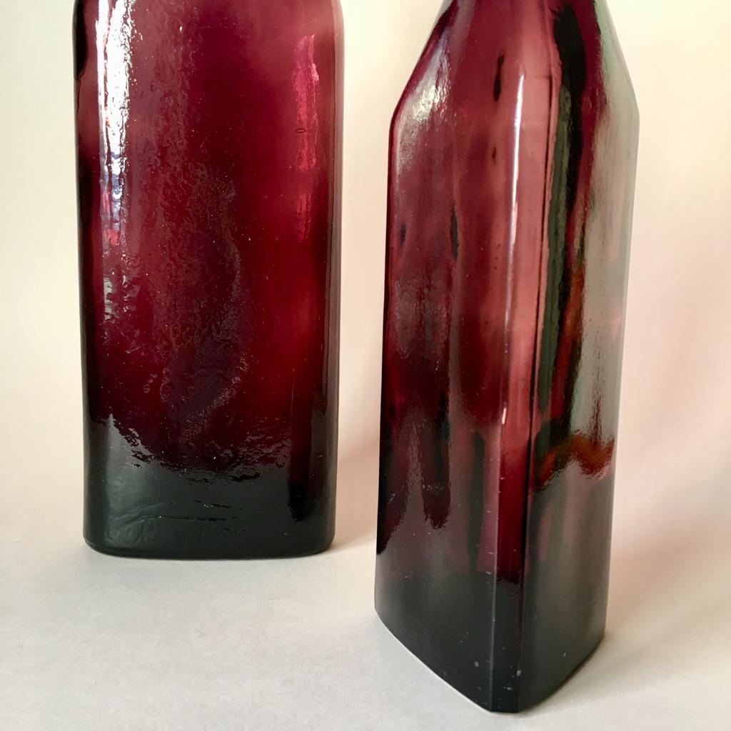 Blown Glass Vintage Swedish Hand Blown Burgundy Color Glass Decor Bottles, Set of 2