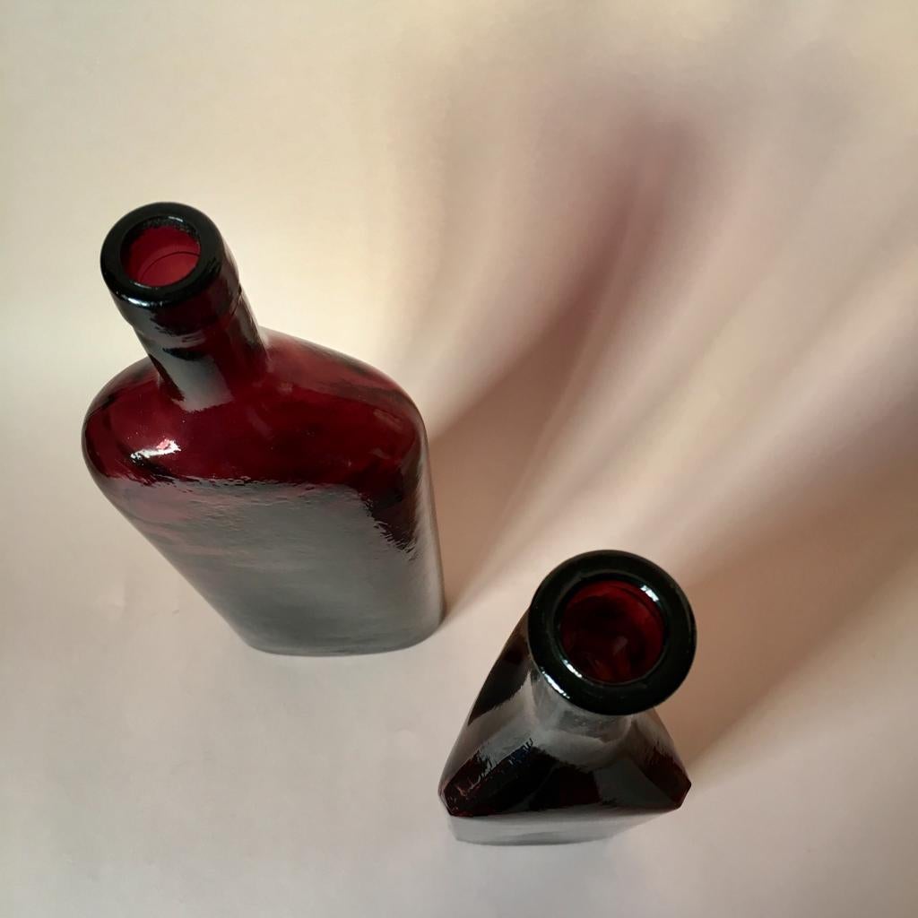 Vintage Swedish Hand Blown Burgundy Color Glass Decor Bottles, Set of 2 1