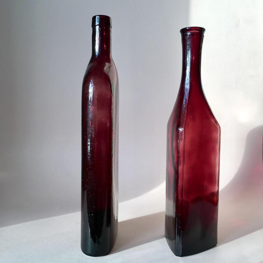 Vintage Swedish Hand Blown Burgundy Color Glass Decor Bottles, Set of 2 2
