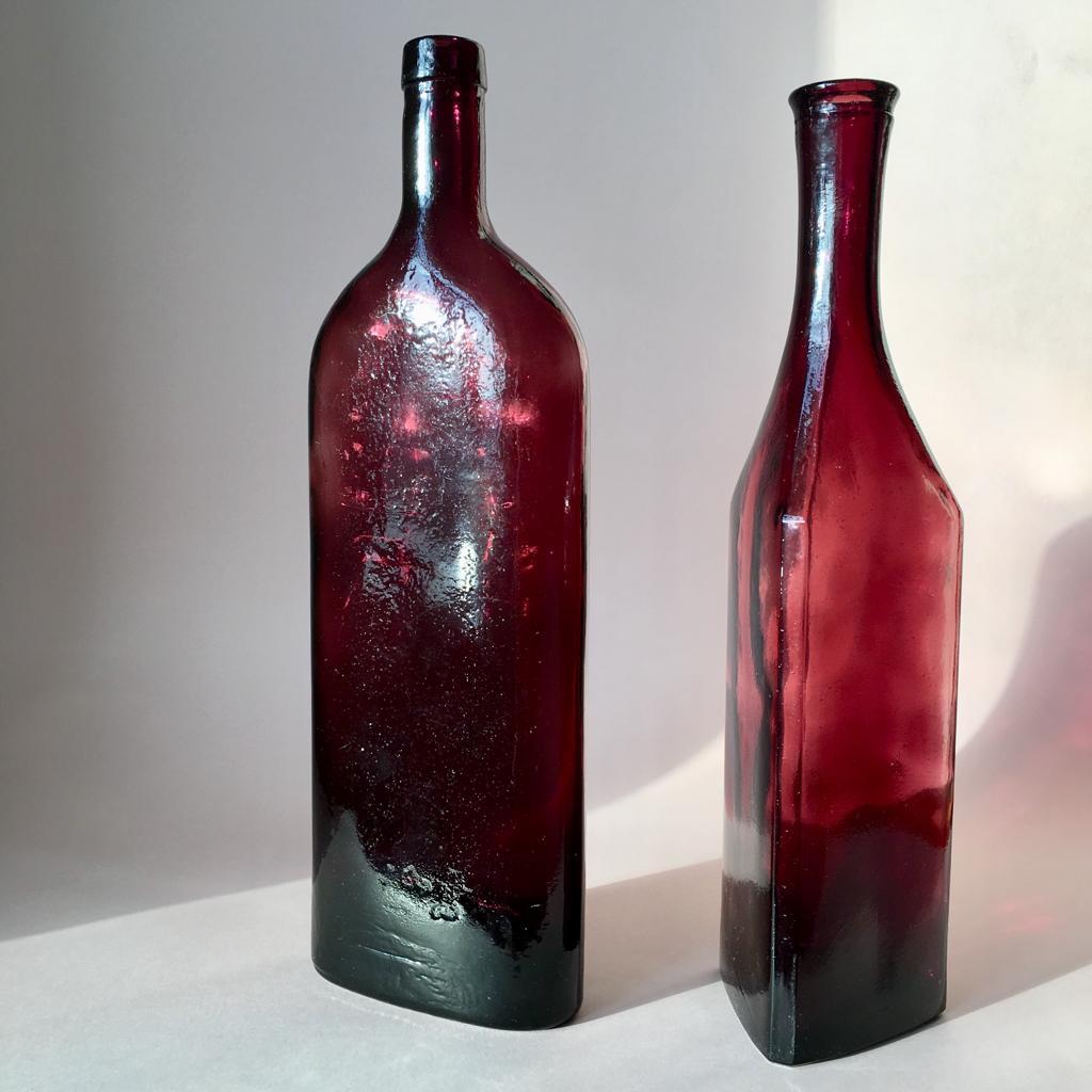 Vintage Swedish Hand Blown Burgundy Color Glass Decor Bottles, Set of 2 3