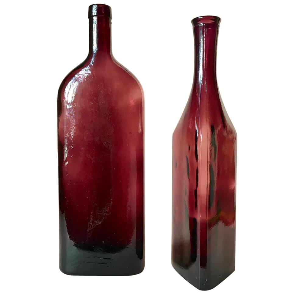 Vintage Swedish Hand Blown Burgundy Color Glass Decor Bottles, Set of 2