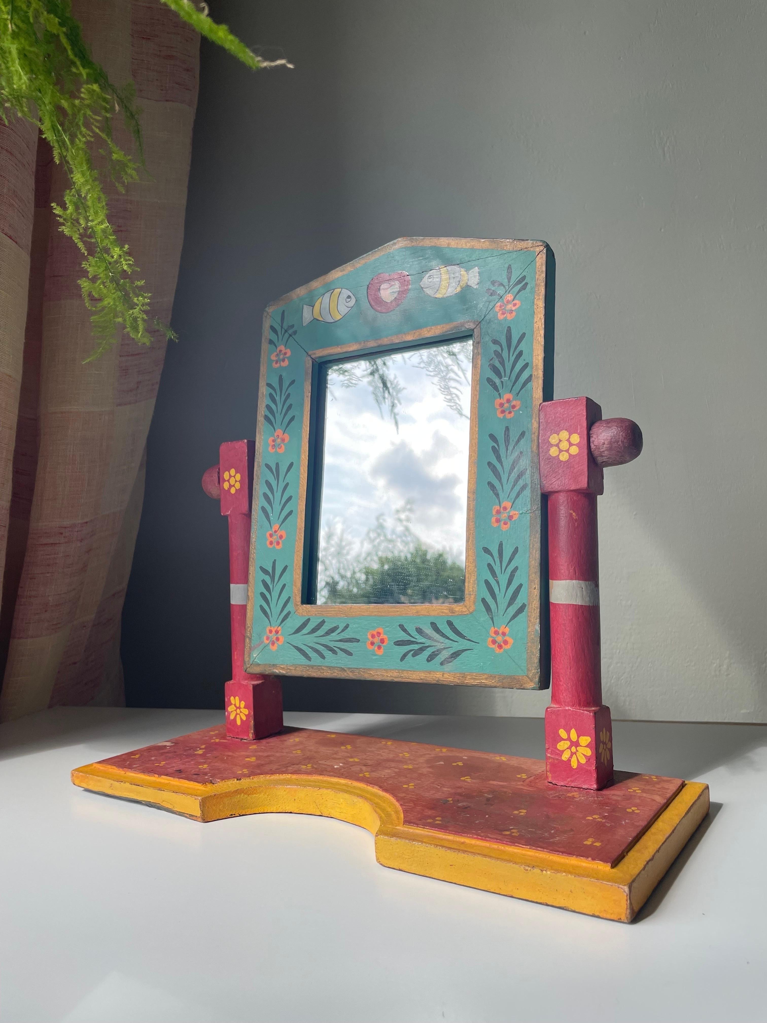 20th Century Swedish Handpainted Folk Art Allmoga Table Mirror, 1970s For Sale