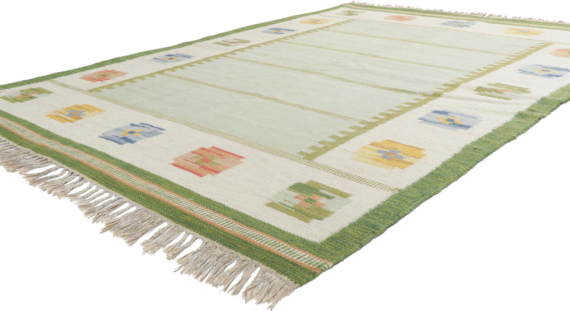 78267 Vintage Swedish Kilim Rollakan Rug, 05'06 x 08'00. Highlighting Scandinavian Modern style with incredible detail and texture, this handwoven wool vintage Swedish rollakan rug is a captivating vision of woven beauty. The Biophilic Design and