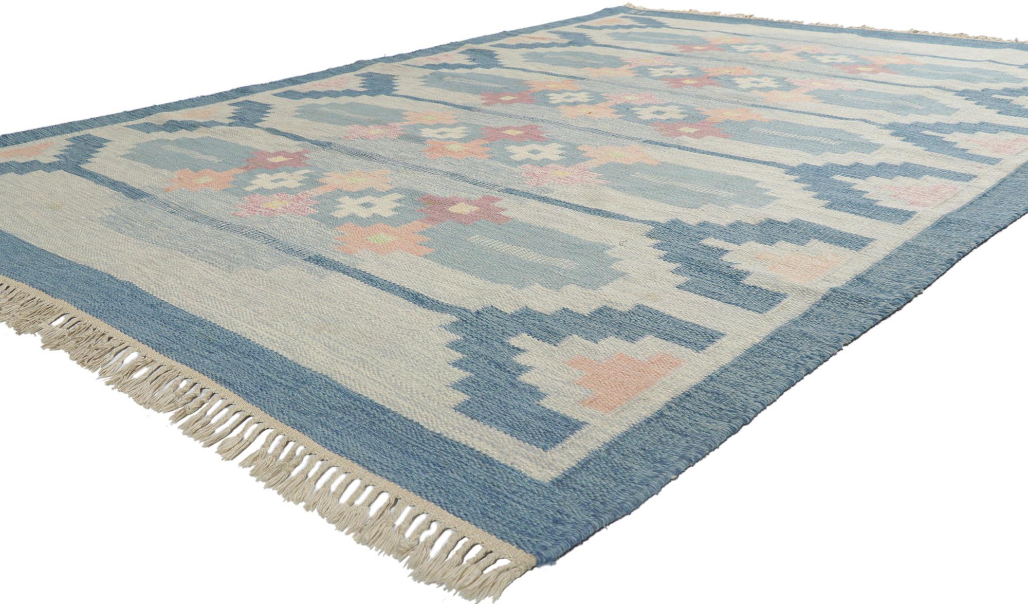 78246 Vintage Swedish Rollakan Rug by Ingegerd Silow, 06'07 x 09'07. Reflecting elements of Scandinavian Modern style with incredible detail and texture, this handwoven vintage Swedish rollakan rug is a captivating vision of woven beauty. The