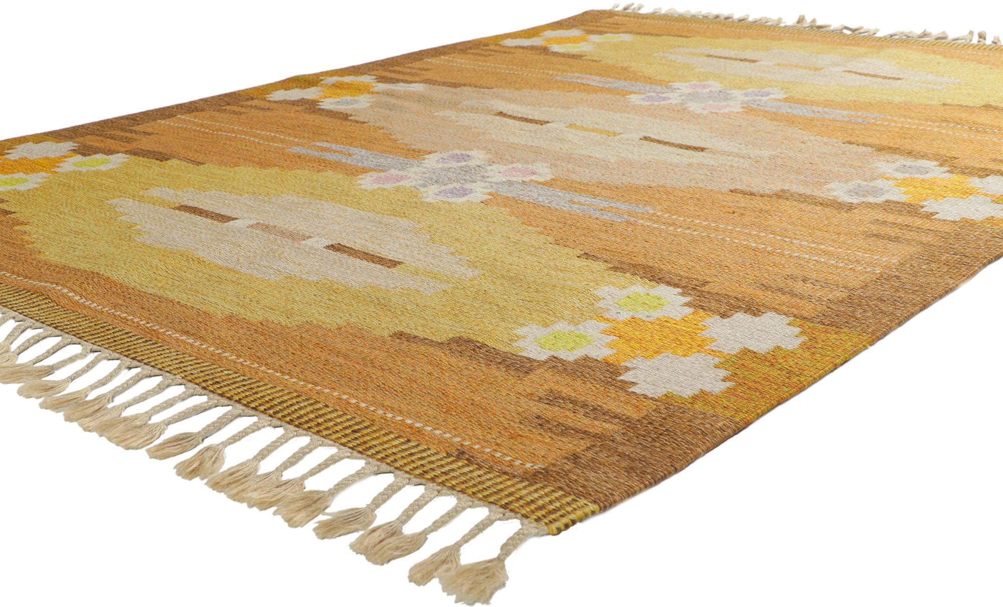 78247 Vintage Swedish Rollakan Rug by Ingegerd Silow, 05'06 x 07'09. With its Scandinavian Modern style, incredible detail and texture, this handwoven wool vintage Swedish rollakan rug is a captivating vision of woven beauty. The geometric design