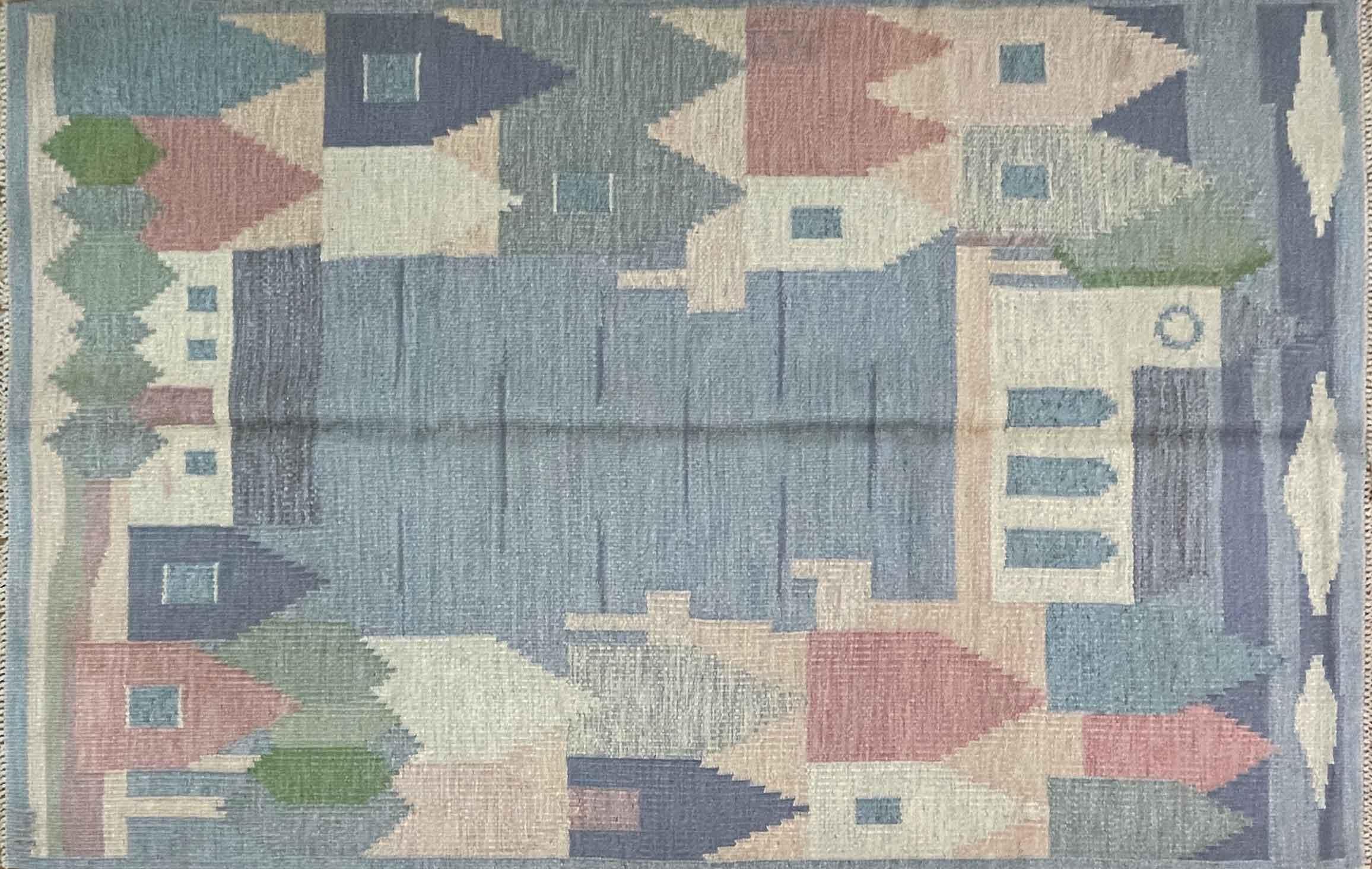 Incredible Swedish Kilim, vintage. 
A fine modern design by one of the leading carpet designers who moved away from traditional carpets during the 1940s-1950s.
A fine modern design by one of the leading carpet designers who moved away from