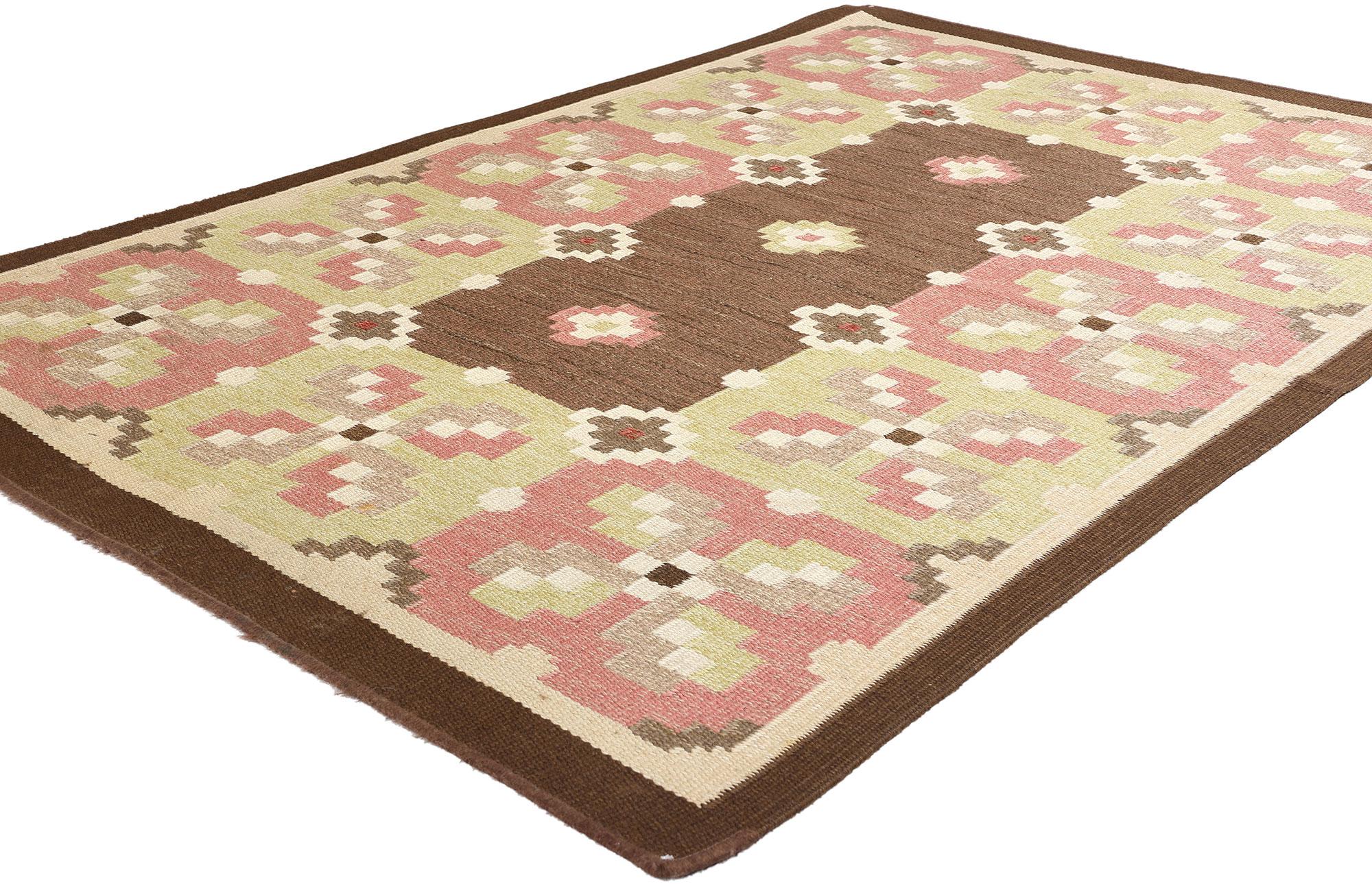 78248 Erik Lundberg Vintage Swedish Rollakan Rug, 04'07 x 06'09. Erik Lundberg, the Swedish weaver behind Vavaregarden, which translates to Weavers Farm, enlisted local weavers in Malmo, during the 1960s to create hand-woven flat-weave 