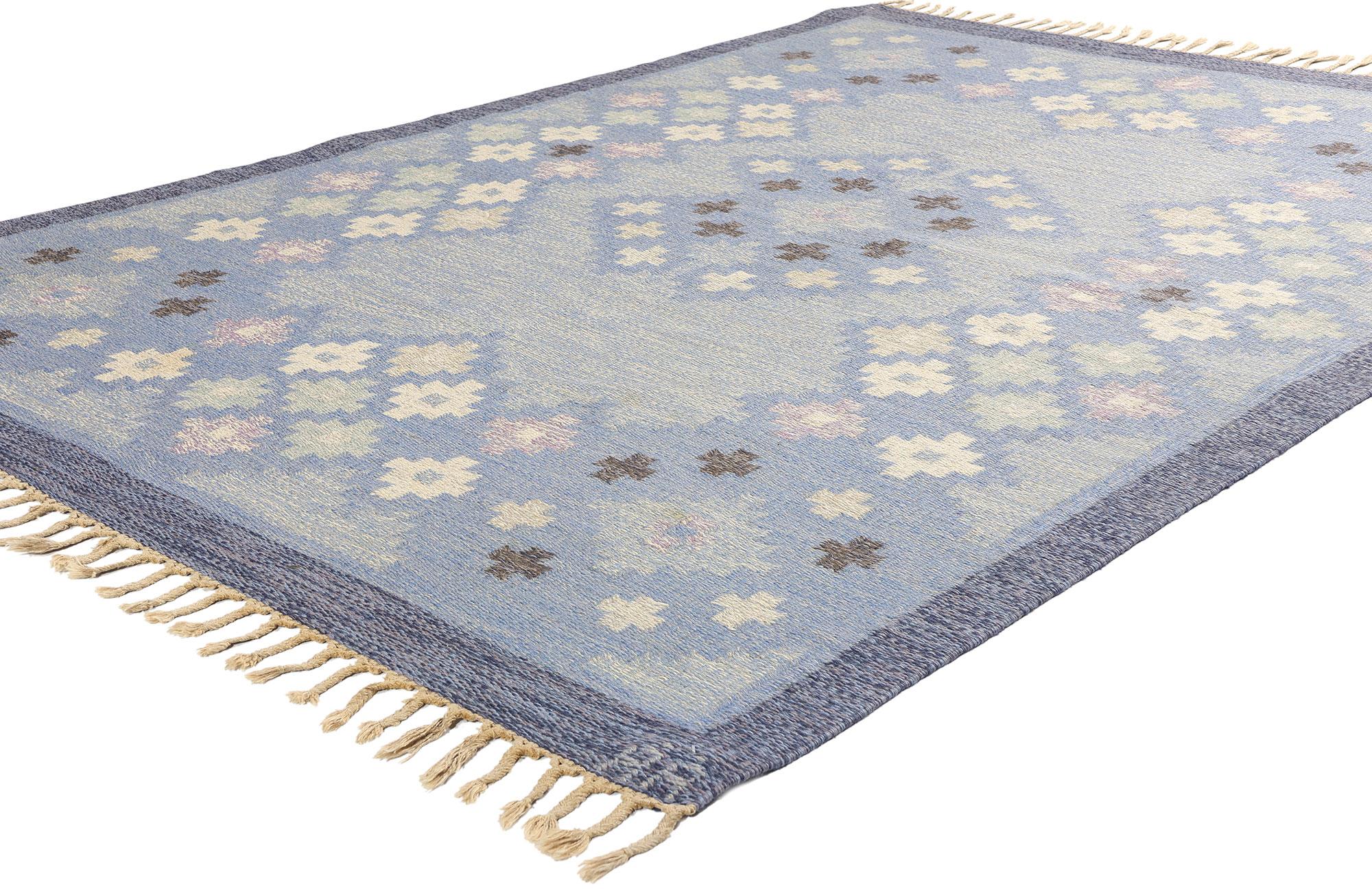 77036 Vintage Swedish Rollakan Rug by Asa Akerlund, 05'06 x 07'08. Asa Akerlund Swedish Rollakan rugs are a type of handwoven textile designed by Asa Akerlund, a Swedish textile artist. Rollakan rugs are characterized by their intricate geometric
