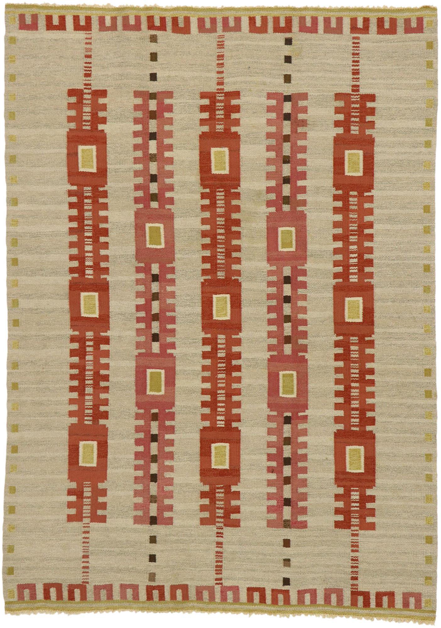 77038 Vintage Swedish Kilim Röllakan Rug with Scandinavian Modern Style, Flatweave Rug. With its geometric design and hygge vibes, this hand-woven wool vintage Swedish Kilim rug beautifully embodies the simplicity of Scandinavian modern style. It