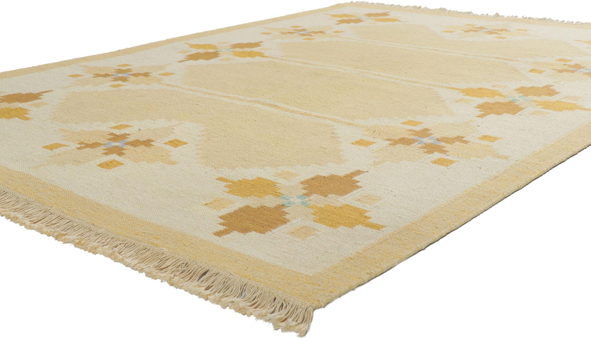 78251 Vintage Swedish Kilim Rollakan Rug with Scandinavian Modern Style 5'09 x 7'11. With its geometric design and bohemian hygge vibes, this hand-woven wool Swedish Kilim rug beautifully embodies the simplicity of Scandinavian modern style.