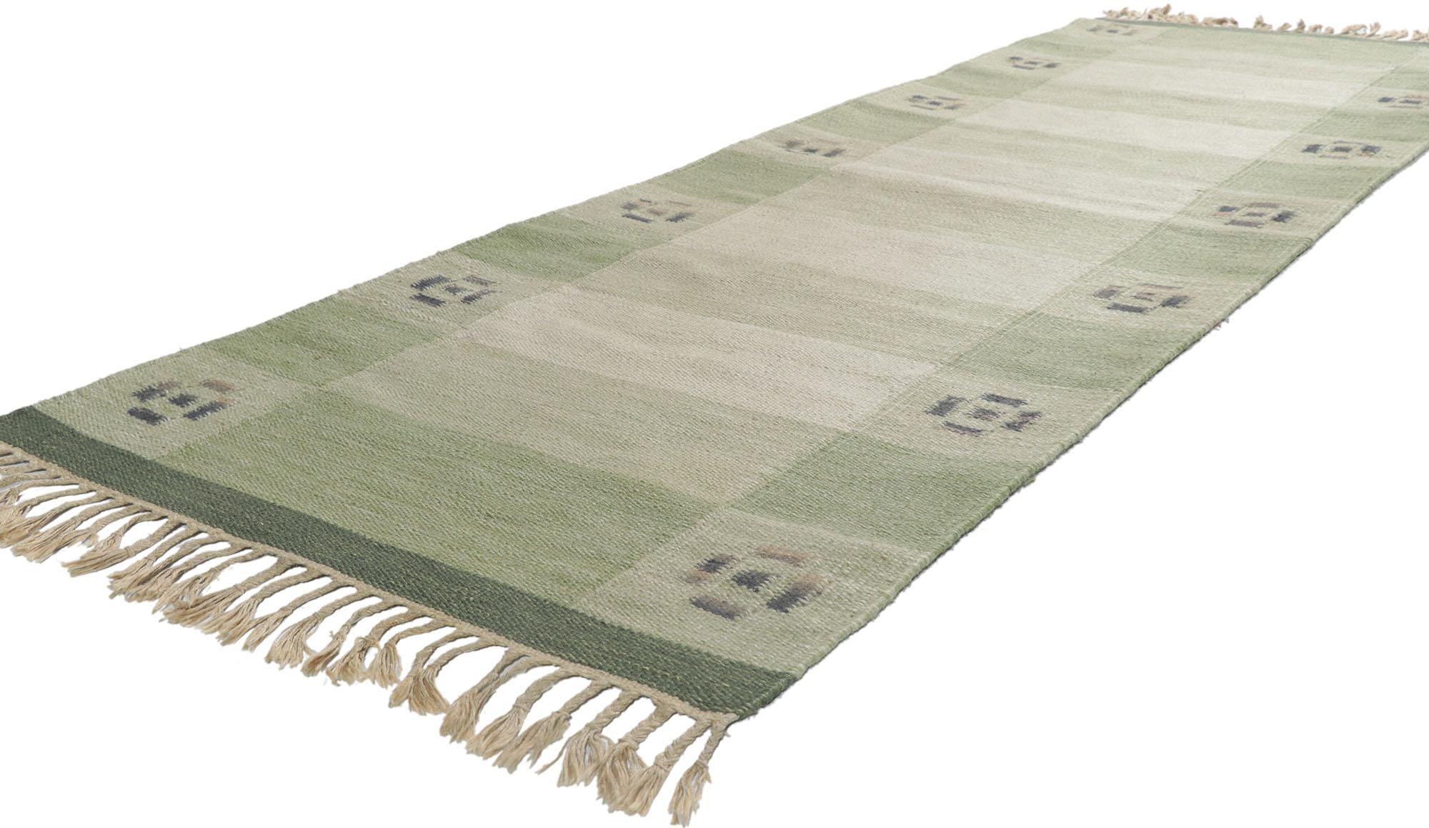 78260 Vintage Swedish Kilim Rollakan runner with Scandinavian Modern style 2'09 x 8'05. With its subtle geometric design and bohemian hygge vibes, this hand-woven wool Swedish Kilim rug beautifully embodies the simplicity of Scandinavian modern