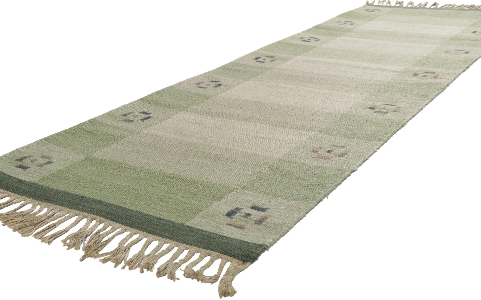 78261 Vintage Swedish Kilim Rollakan Runner with Scandinavian Modern Style 2'08 x 8'06. With its subtle geometric design and bohemian hygge vibes, this hand-woven wool Swedish Kilim rug beautifully embodies the simplicity of Scandinavian modern