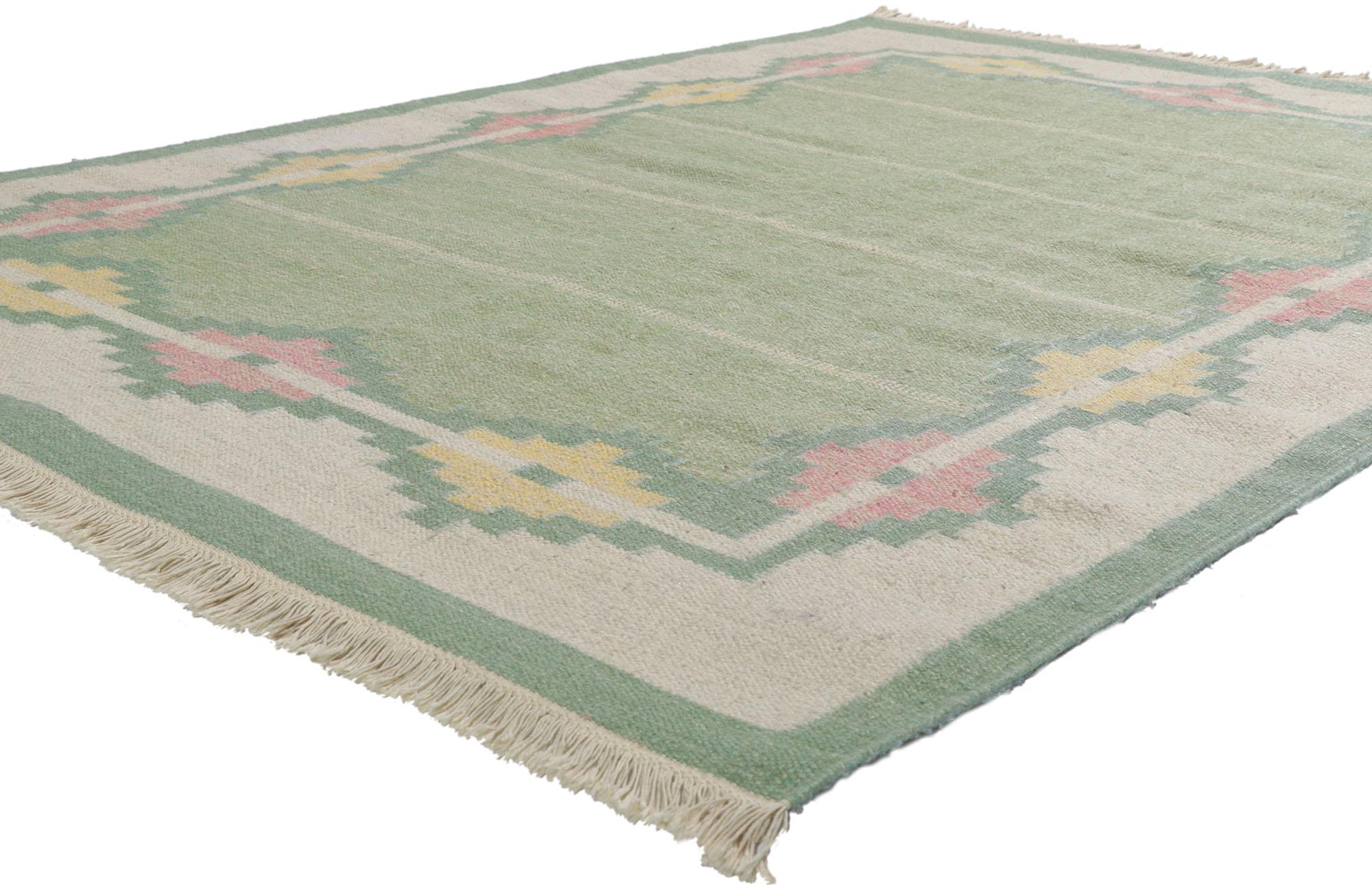78263 Vintage Swedish Rollakan rug with Scandinavian Modern Style 05'06 x 07'06. With its geometric design and bohemian hygge vibes, this hand-woven wool Swedish Kilim rug beautifully embodies the simplicity of Scandinavian modern style. Showcasing