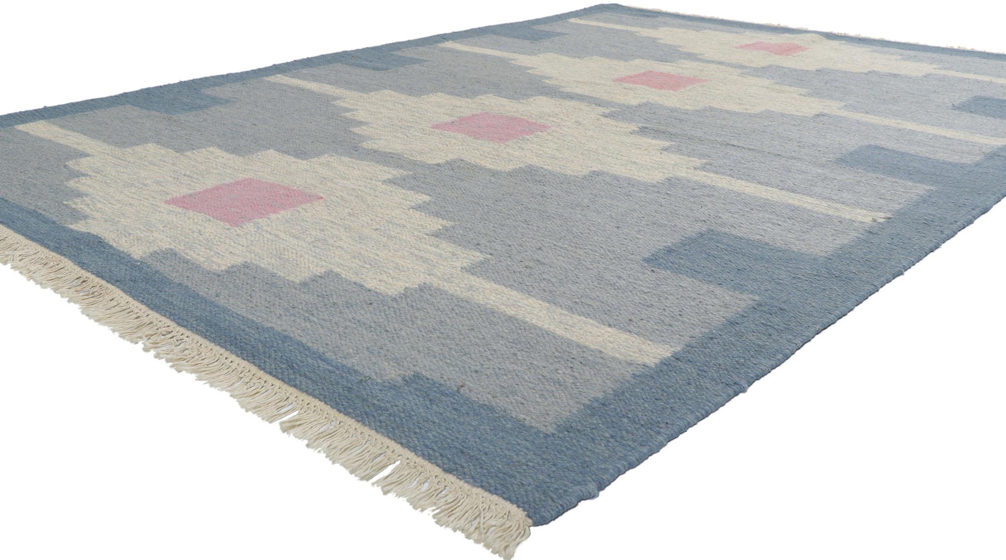 78264 vintage Swedish Rollakan rug with Scandinavian Modern style 06'02 x 09'02. With its geometric design and bohemian hygge vibes, this hand-woven wool Swedish Kilim rug beautifully embodies the simplicity of Scandinavian modern style. Showcasing
