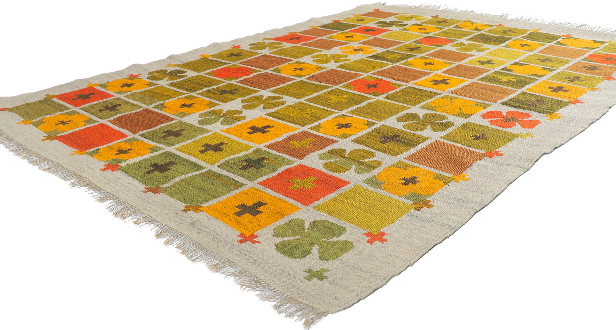 78280 Vintage Polish Rollakan Kilim Rug, 04'08 x 06'05. A Polish rollakan rug is a traditional flat-weave rug from Poland, distinguished by intricate geometric patterns and vibrant colors. Handwoven using interlocking threads, these rugs are