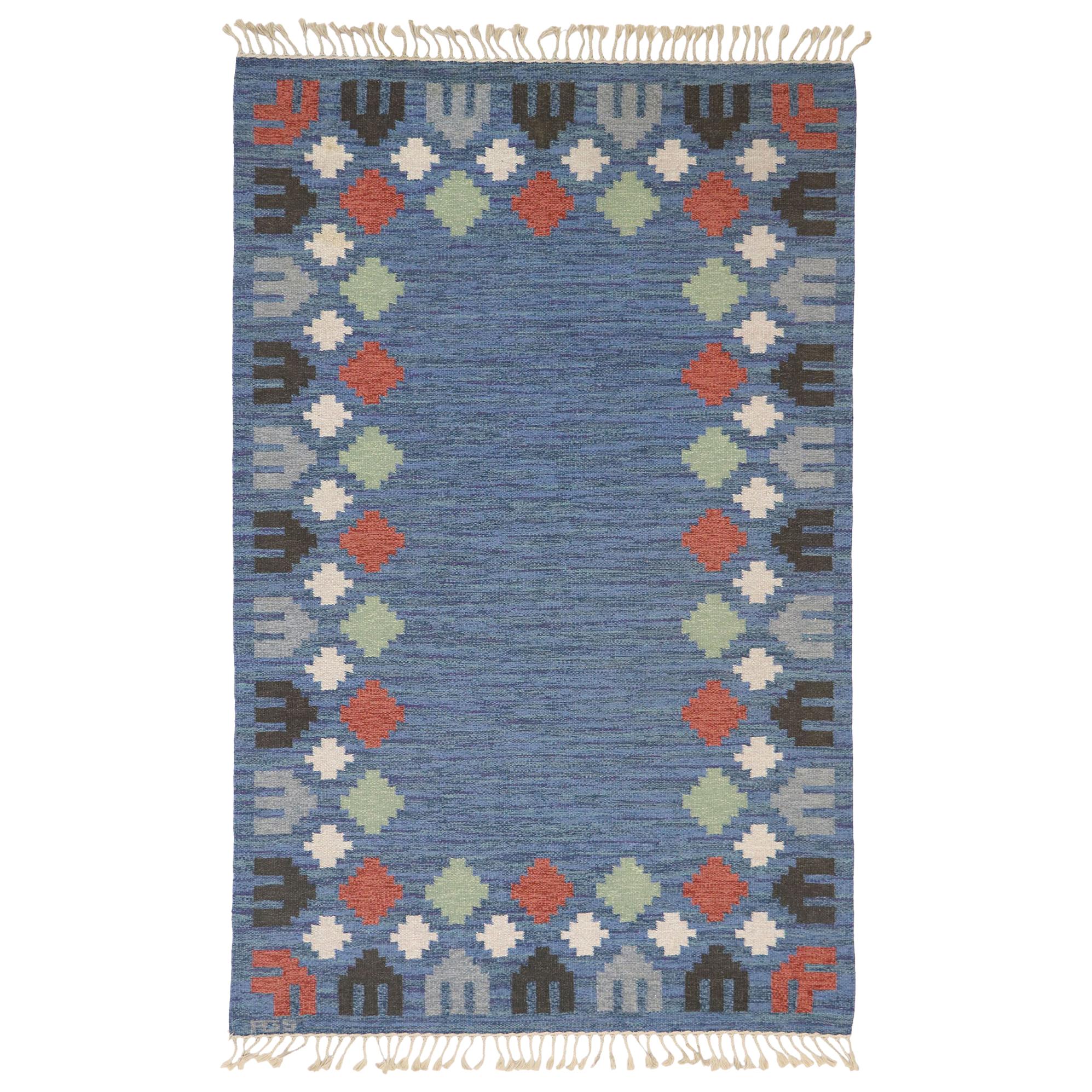 Vintage Swedish Kilim Rug with Scandinavian Modern Style by Anna-Greta Sjöqvist