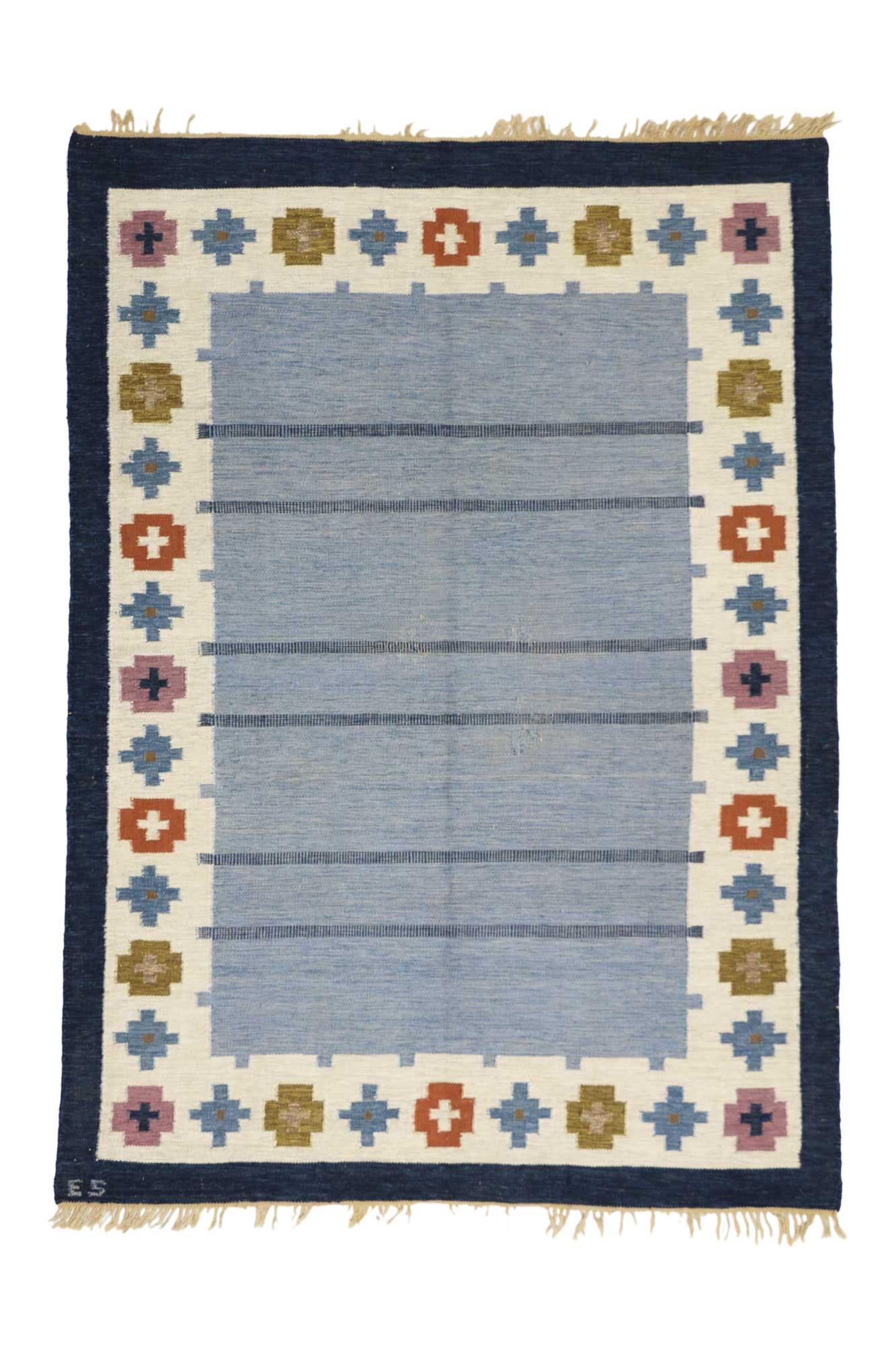 20th Century Signed Ellen Stahlbrand Vintage Scandinavian Blå Swedish Röllakan, 06'07 x 09'01 For Sale