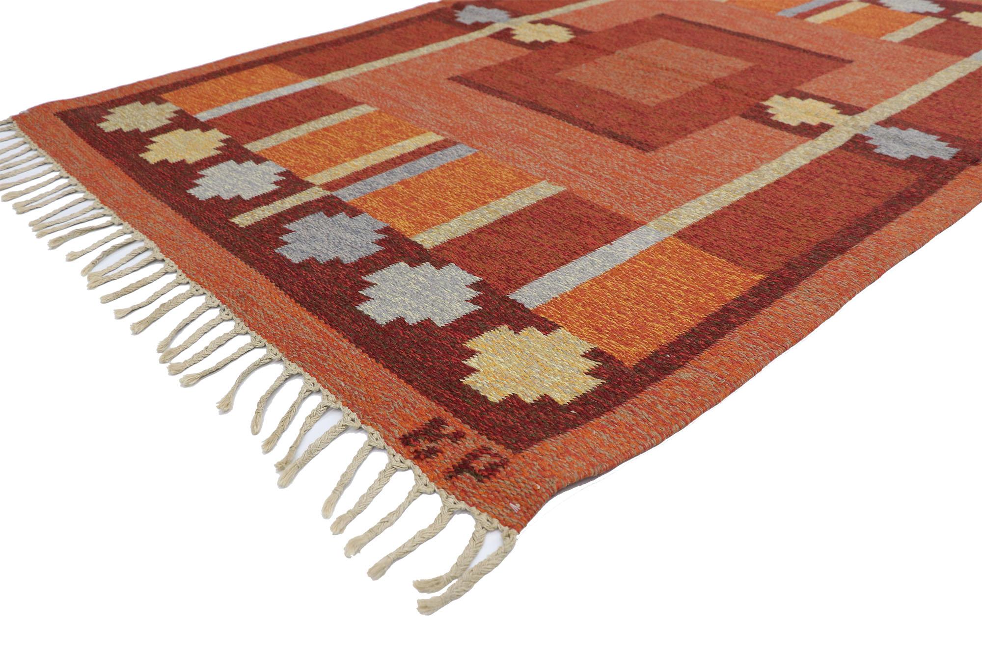​74942 Vintage Swedish Kilim Rug with Scandinavian Modern Style 04'04 x 06'08. ​​​This hand-woven wool vintage Swedish Rollakan Kilim rug was designed by master weaver, Kerstin Persson, in Scandinavia. It features a geometric pattern composed of