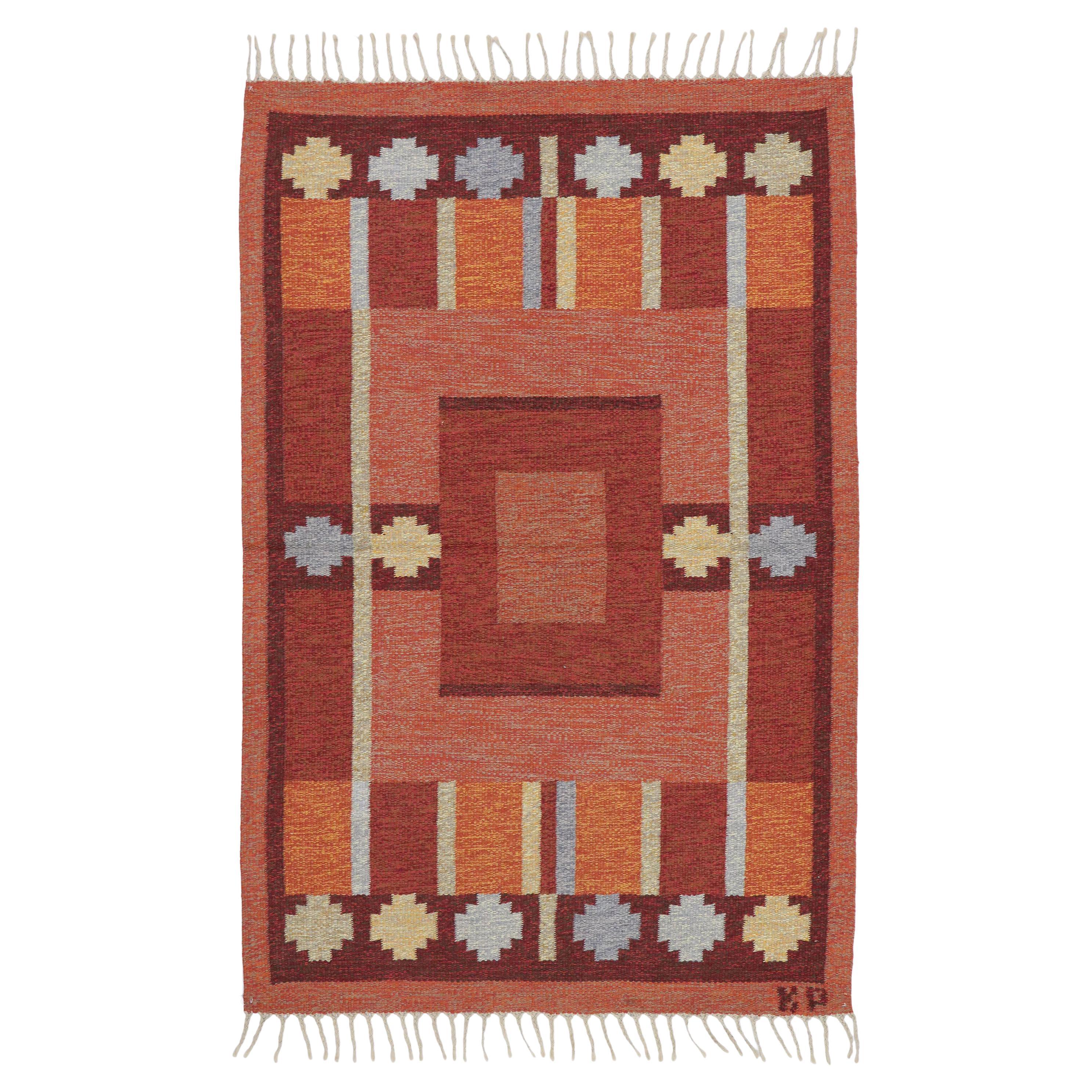 Vintage Swedish Kilim Rug with Scandinavian Modern Style by Kerstin Persson  For Sale
