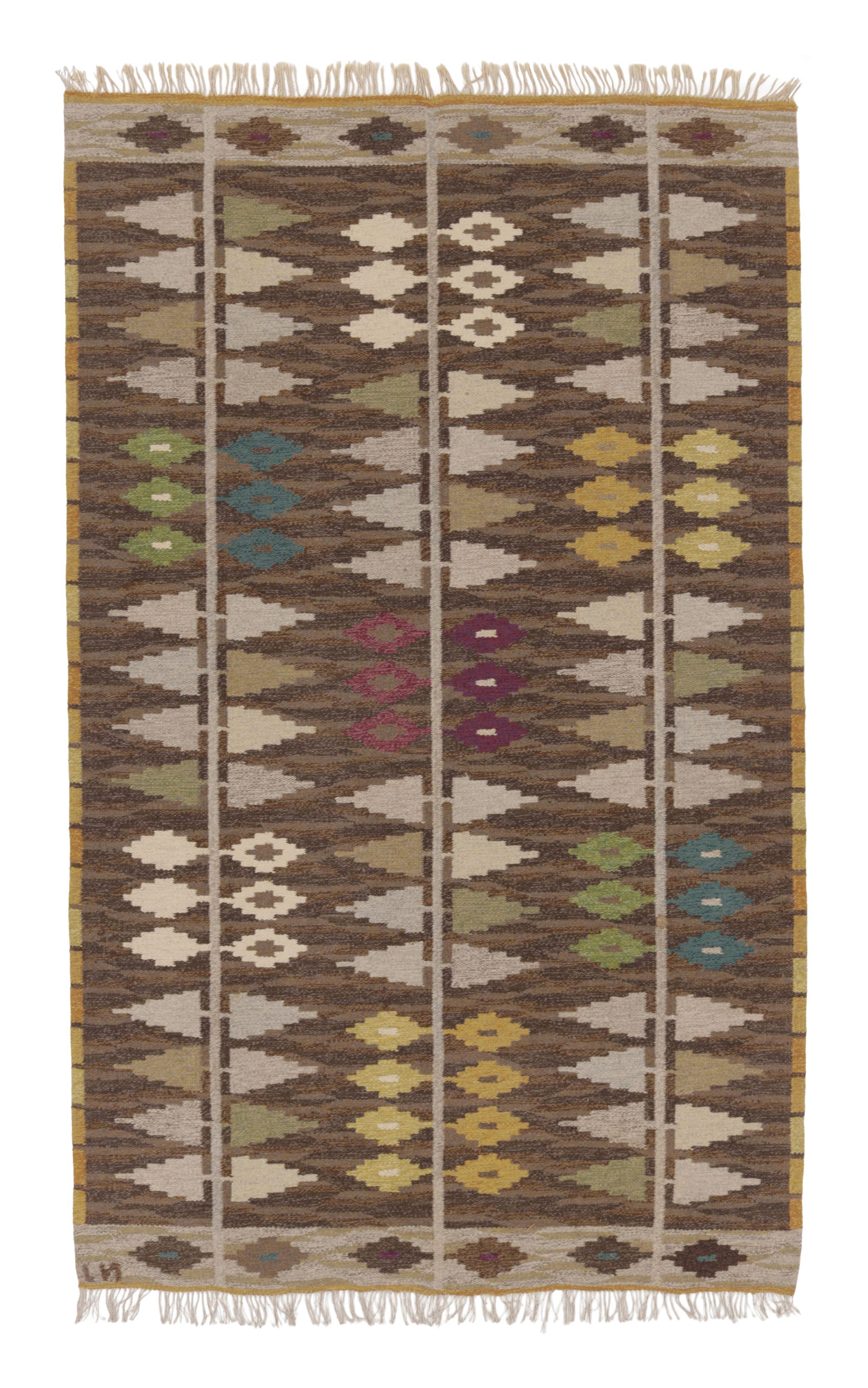 Vintage Swedish Kilim with All-Over Geometric Play in Earthy Tones - Rug & Kilim