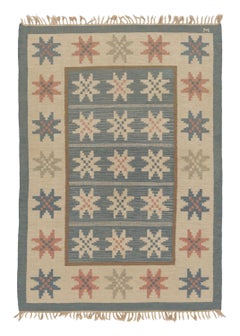 Vintage Swedish Kilim with Geometric Folk Motifs in Beige & Teal - Rug & Kilim