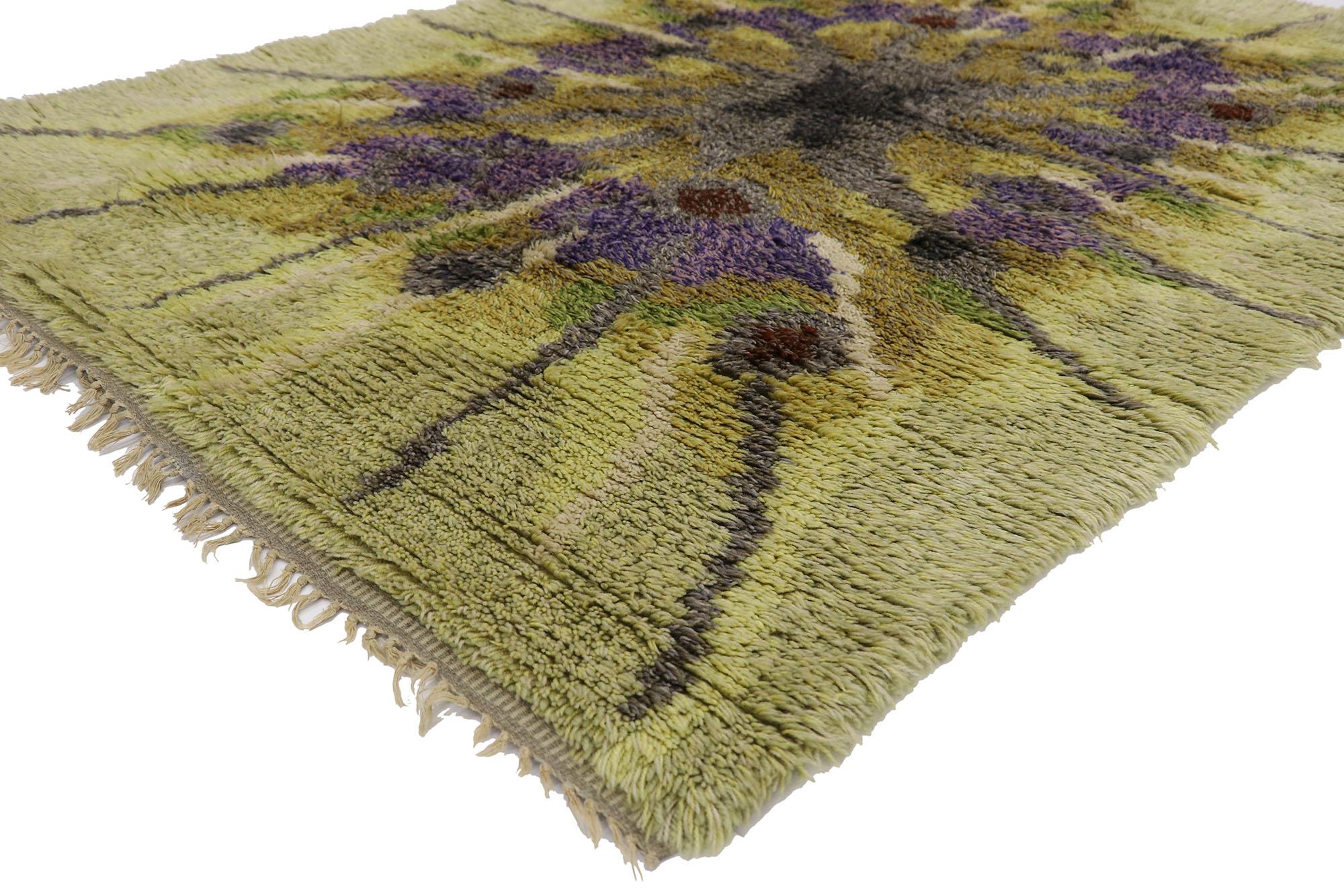 78142 vintage Swedish Krokus flower Ryamatta rug, Tibet by Ingrid Jagarz for Marks Rya 04'08 x 06'07. Showcasing an expressive Crocus-Krokus design, incredible detail and texture, this hand knotted wool vintage Swedish rya is a captivating vision of
