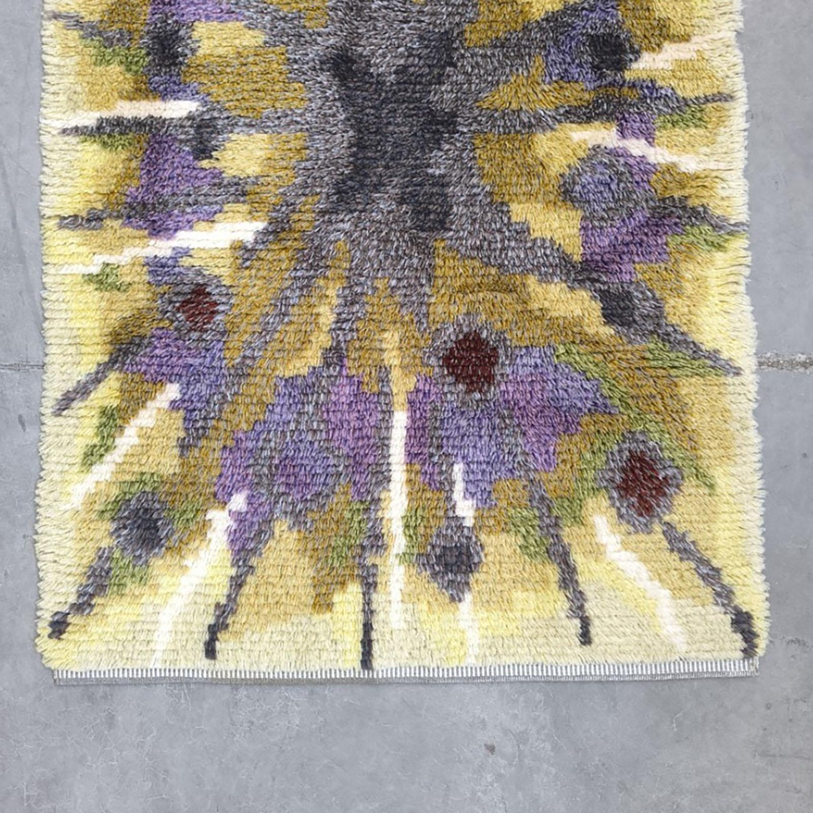 Tessuto a mano Tappeto vintage svedese Krokus Flower Ryamatta, Tibet di Ingrid Jagarz per Marks Rya in vendita