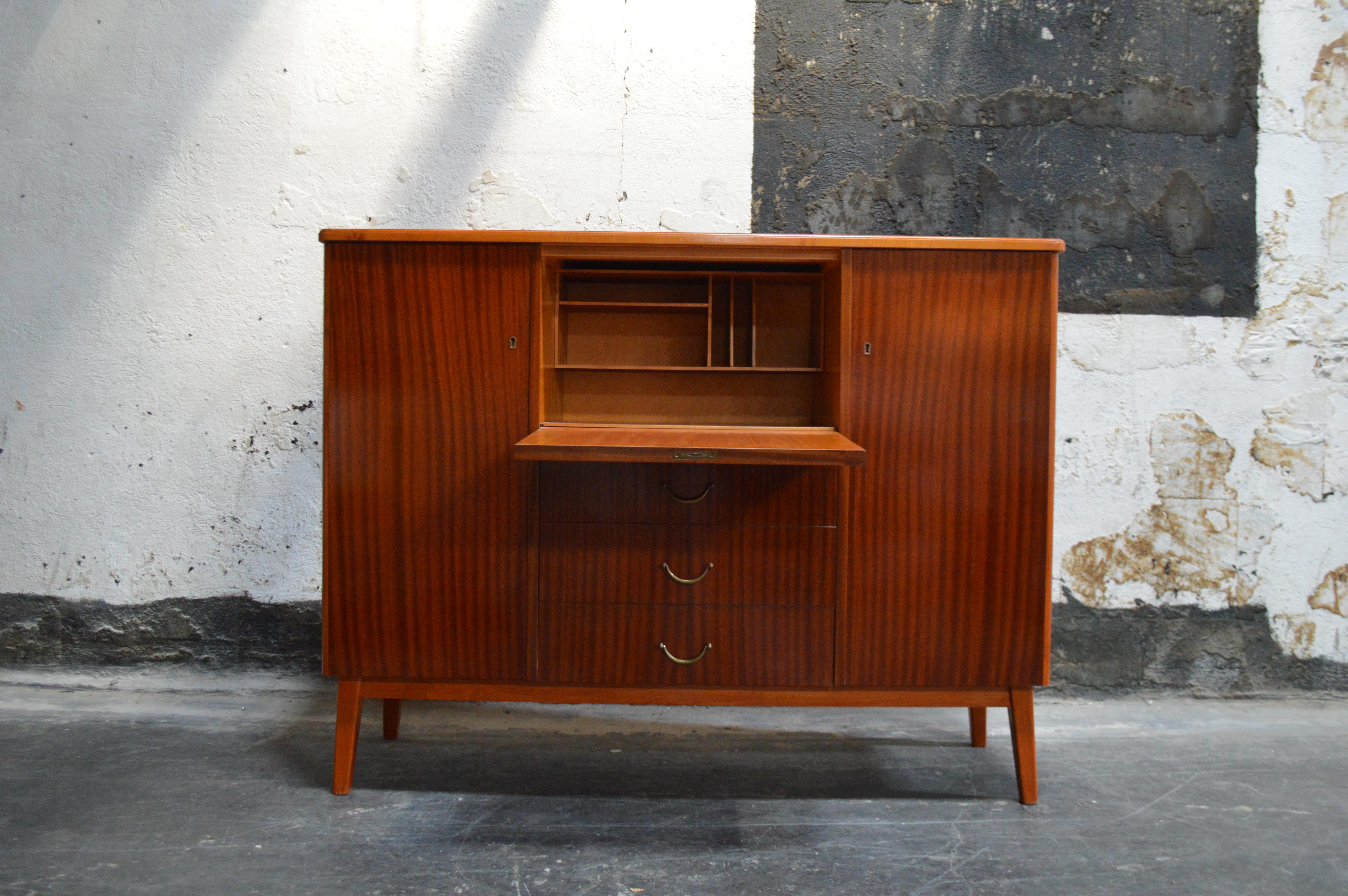 20th Century Vintage Swedish Mid-Century Modern Mahogany Cabinet Drop Leaf Desk Secretary For Sale