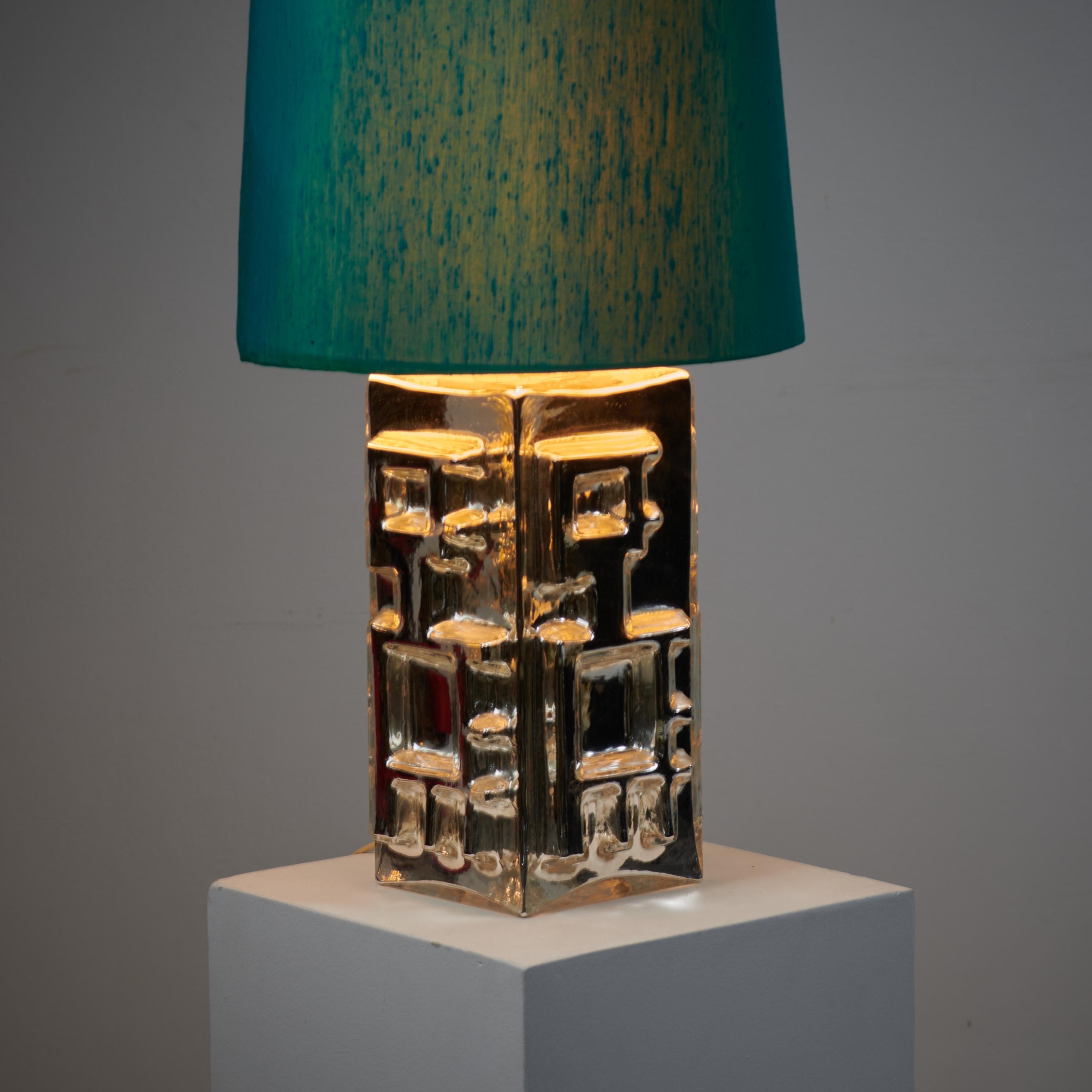 20th Century Vintage Swedish Modern Square Glass Table Lamp with Original Green Shade For Sale